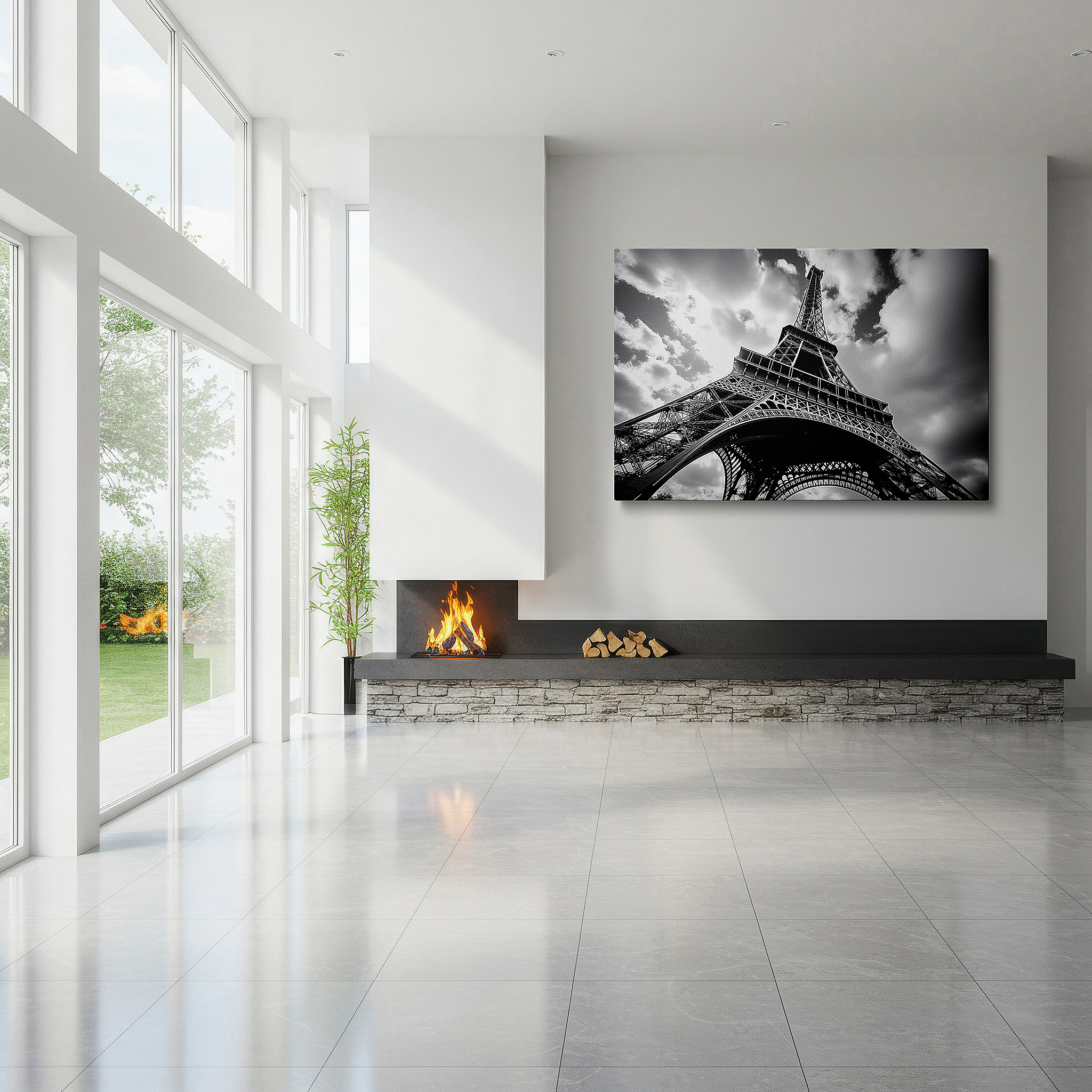 Displayed above a contemporary leather sofa in warm light — monochrome tribute to the timeless elegance of the eiffel tower: iconic architecture large wall art, canvas wall art, wall decor for office