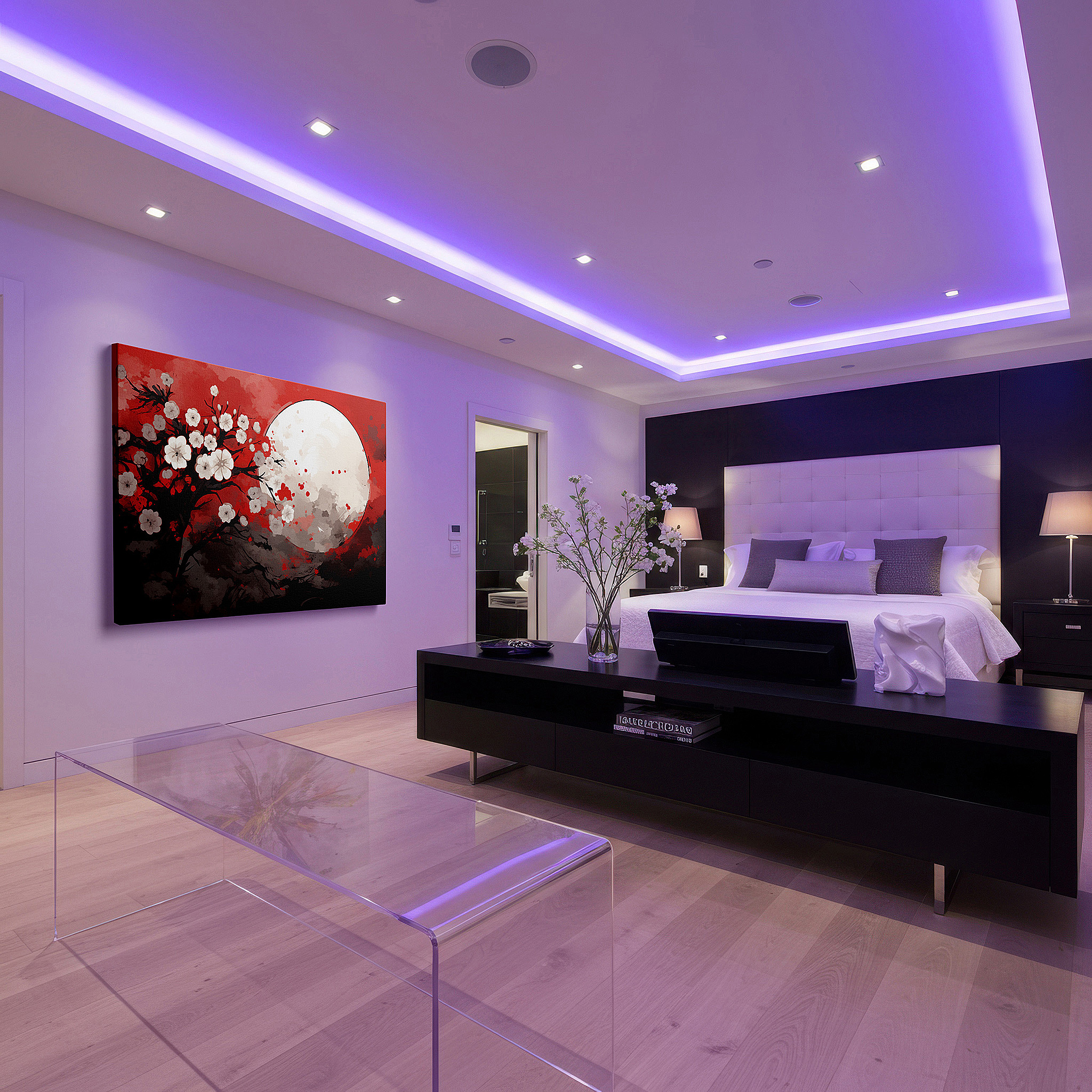 Displayed above a contemporary leather sofa in warm light — moonlit cherry blossoms on a striking red background large canvas wall art, office decor