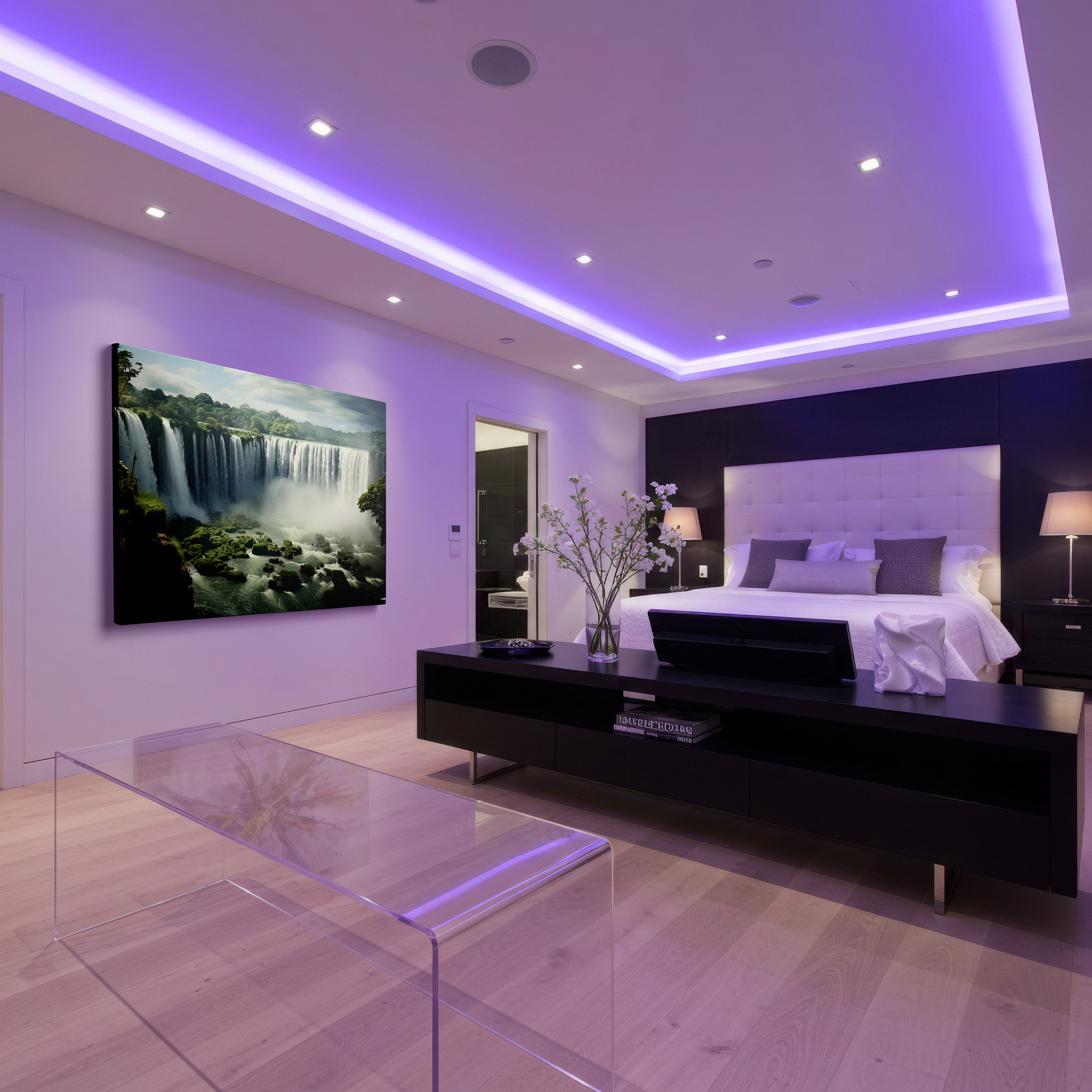 Displayed above a contemporary leather sofa in warm light — moss-covered cliffs and hidden waterfalls: a tranquil symphony of water and greenery large wall art, canvas wall art, wall decor for offices