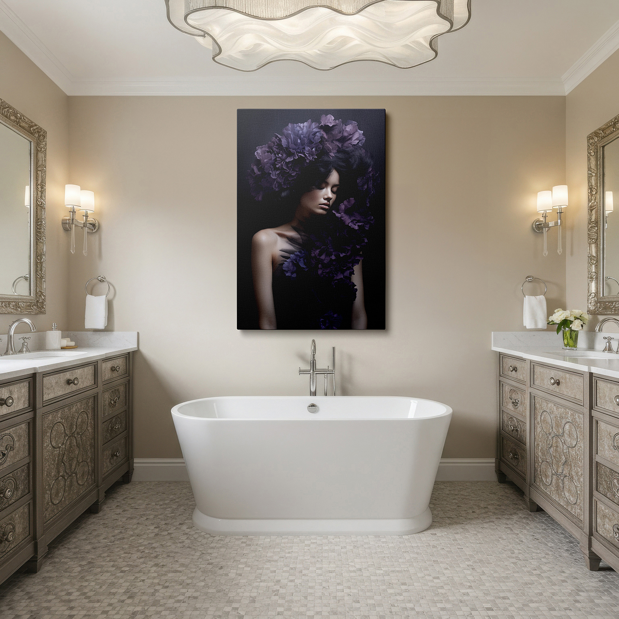Displayed above a contemporary leather sofa in warm light — mystical silhouette among lavender flowers - a tranquil journey through womanhood and the natural world, large wall art, canvas wall art, wall decor for office
