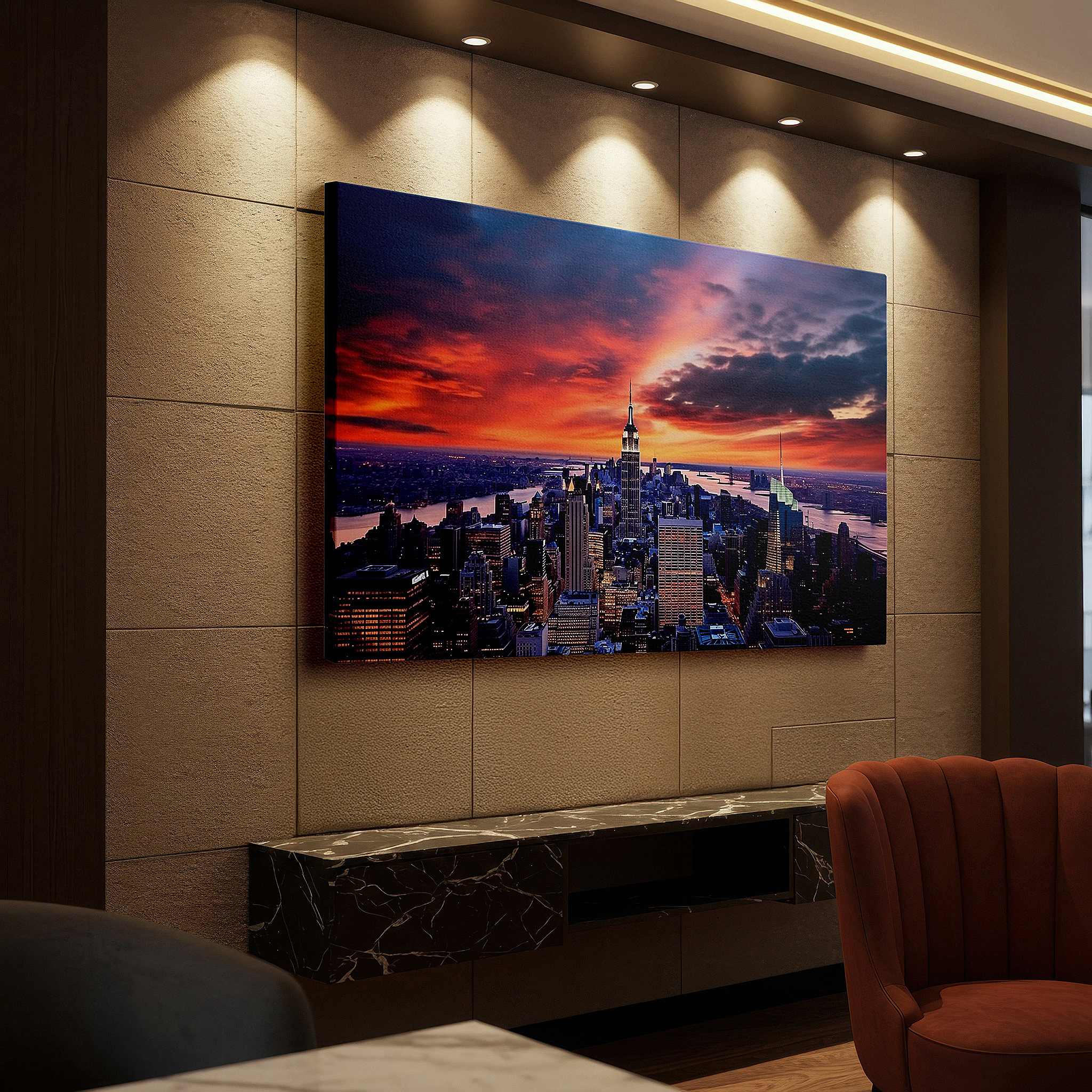 Displayed above a contemporary leather sofa in warm light — new york city at sunset: vibrant light and shadow dance across iconic skylines - large wall art, canvas wall art, wall decor for office