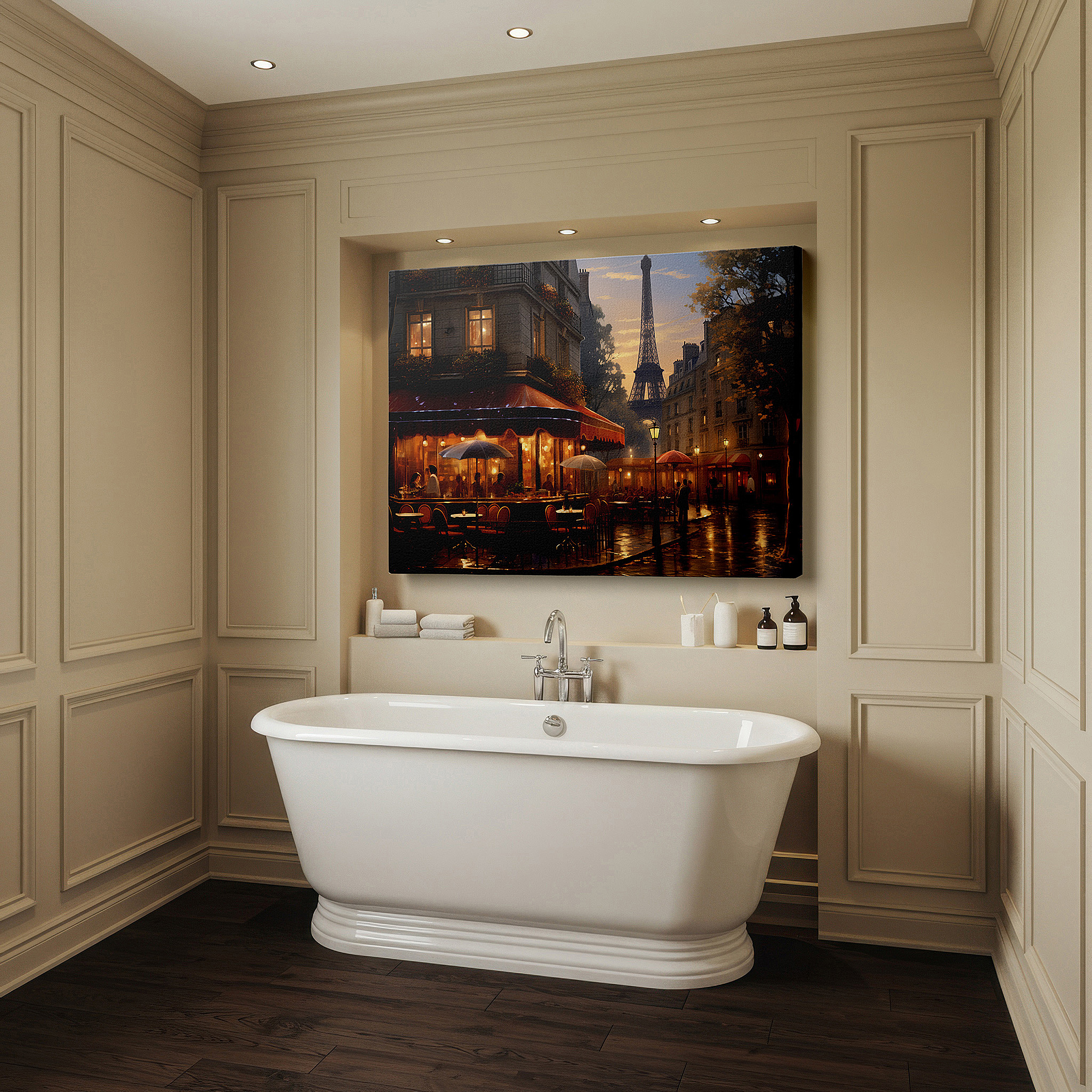 Displayed above a contemporary leather sofa in warm light — parisian café at dusk wall art featuring the eiffel tower - vibrant city life and romantic landmarks canvas print for home and office decor