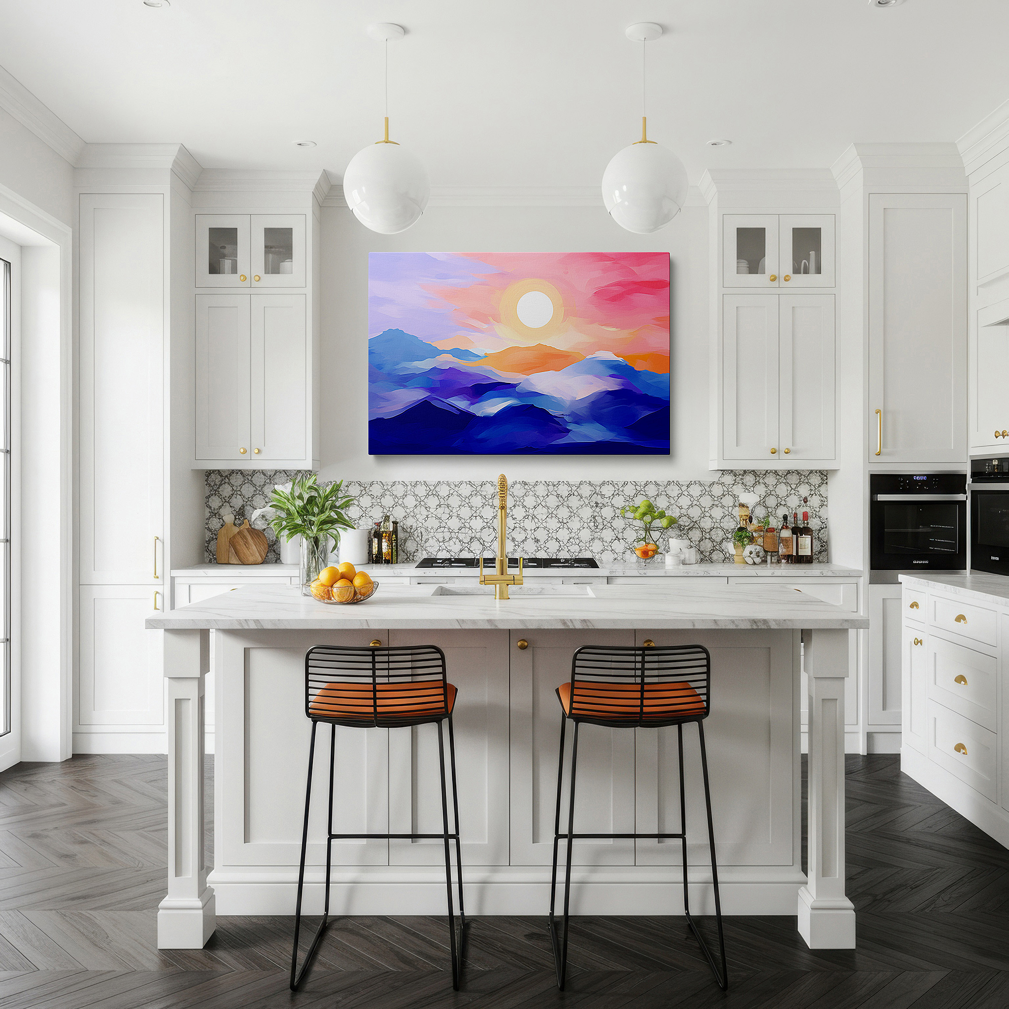 Displayed above a contemporary leather sofa in warm light — pastel-hued ethereal mountain sunset - tranquil abstract large wall art, canvas wall decor for office and bedroom