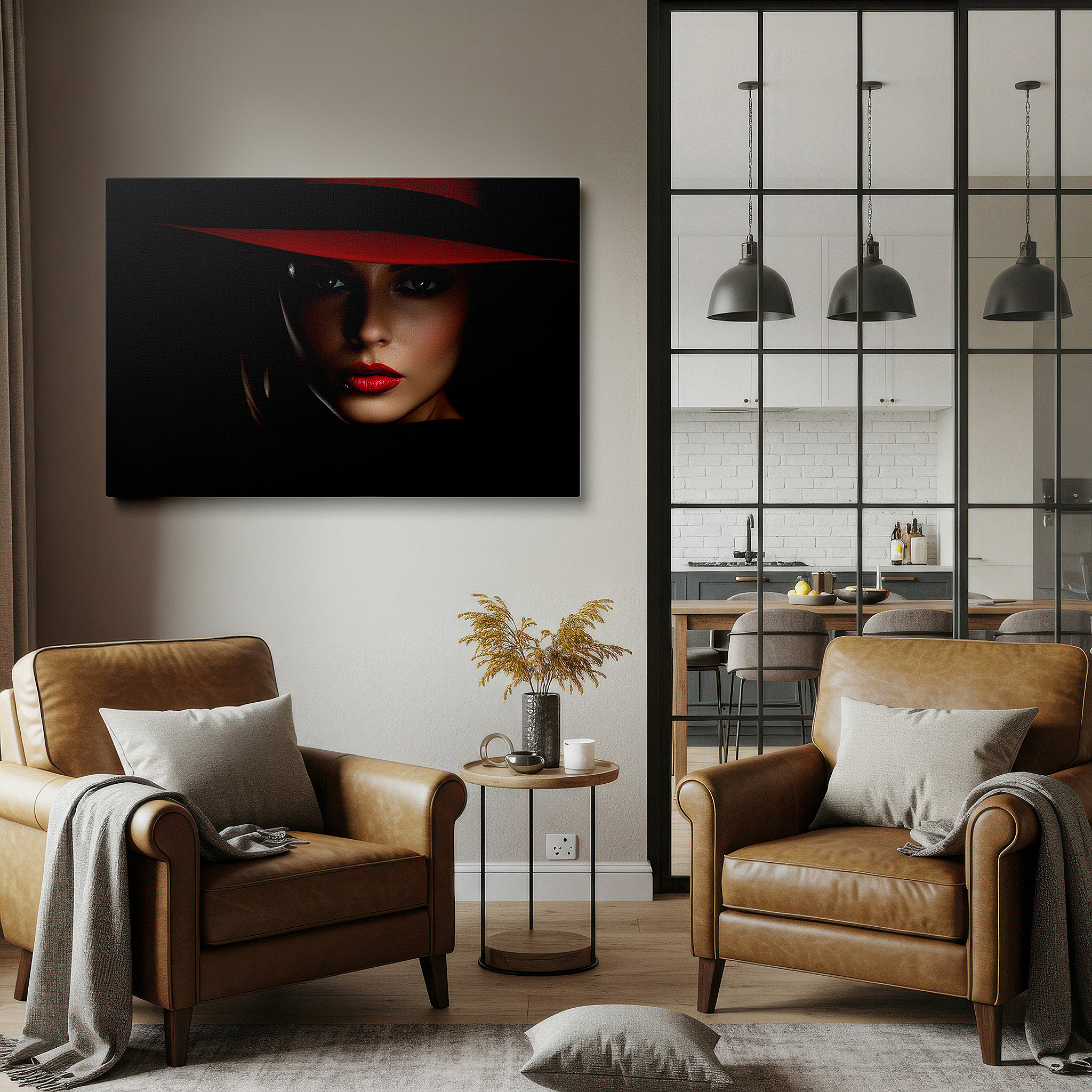 Displayed above a contemporary leather sofa in warm light — red glamour - sophisticated portrait with a vivid hat, large canvas wall art for office and bedroom decor