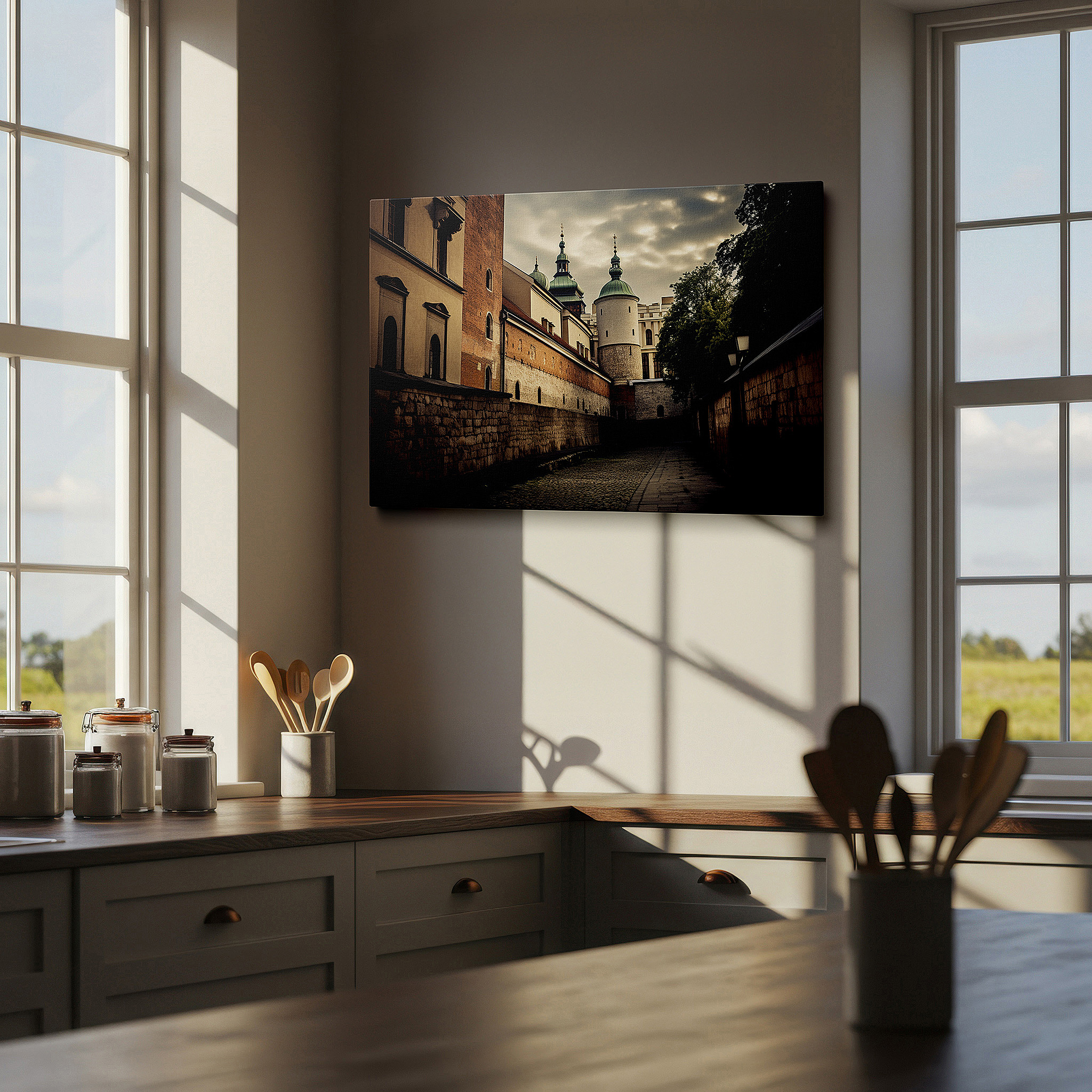 Displayed above a contemporary leather sofa in warm light — renaissance-inspired cobblestone street canvas print featuring ornate architecture in earthy tones, ideal for office or bedroom wall decor