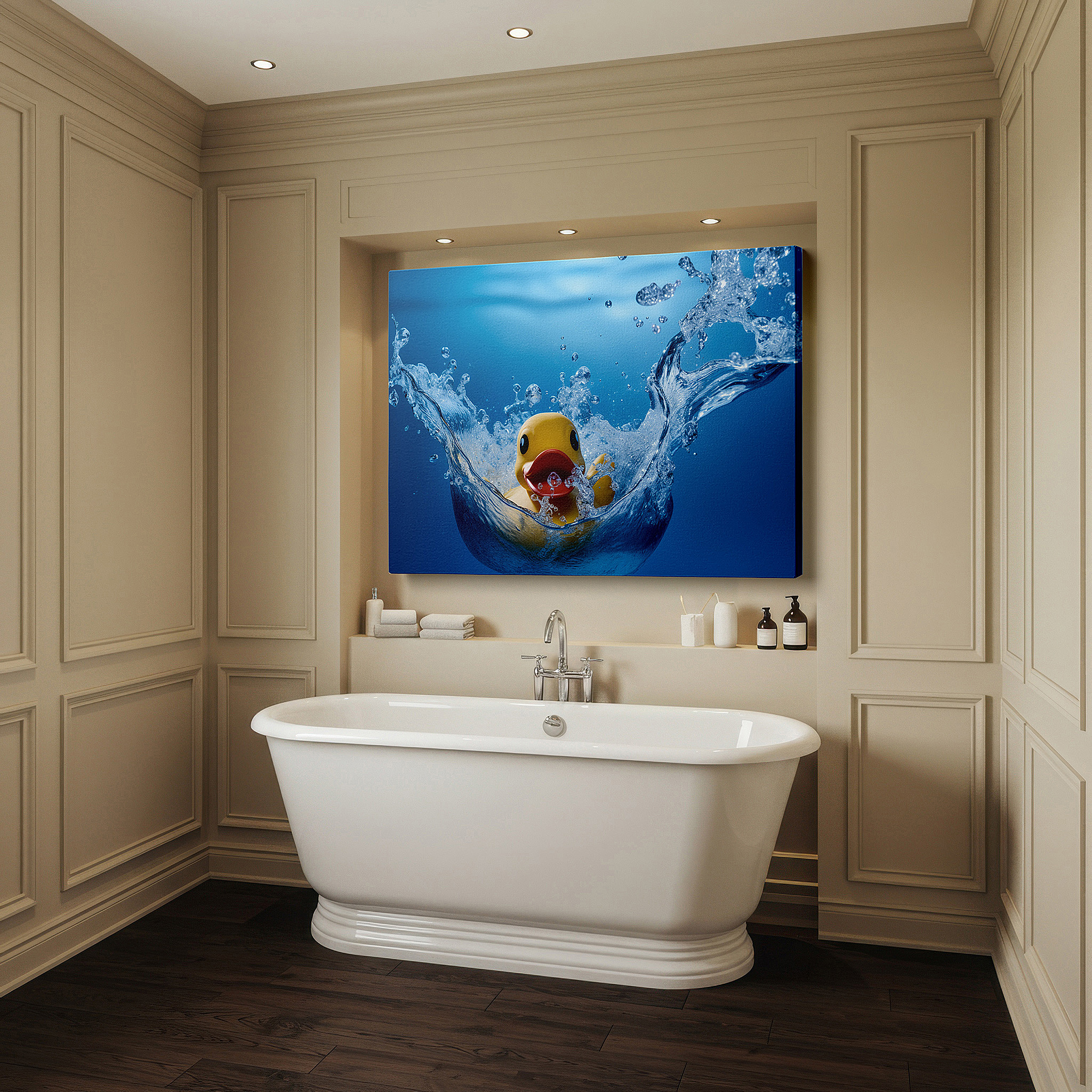 Displayed above a contemporary leather sofa in warm light — rubber duck wall art: dive into joy with a playful rubber duck in crystal-clear waters - large canvas art for home and office decor