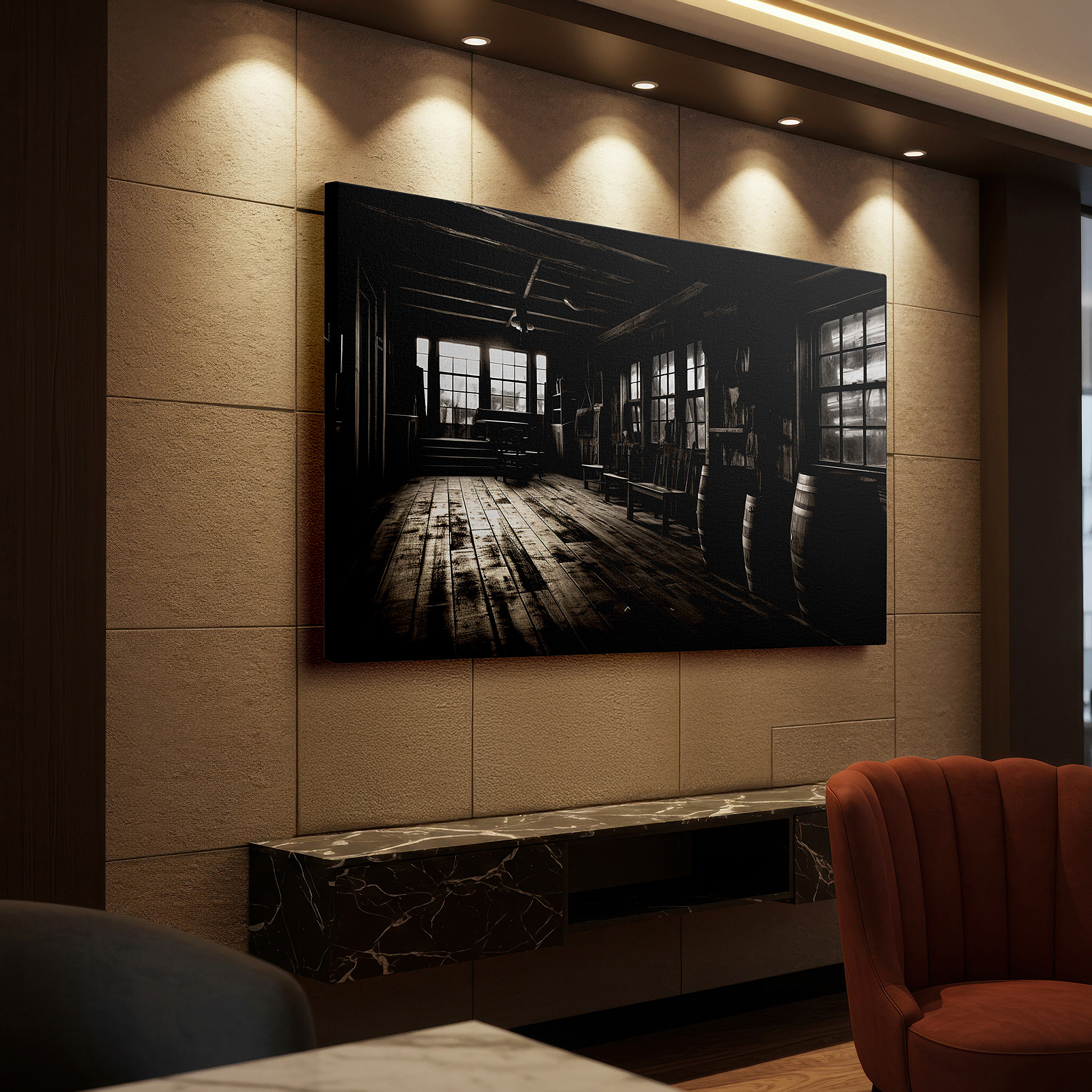 Displayed above a contemporary leather sofa in warm light — rustic wooden beams in moody black and white - large canvas wall art for office, bedroom, and living room decor