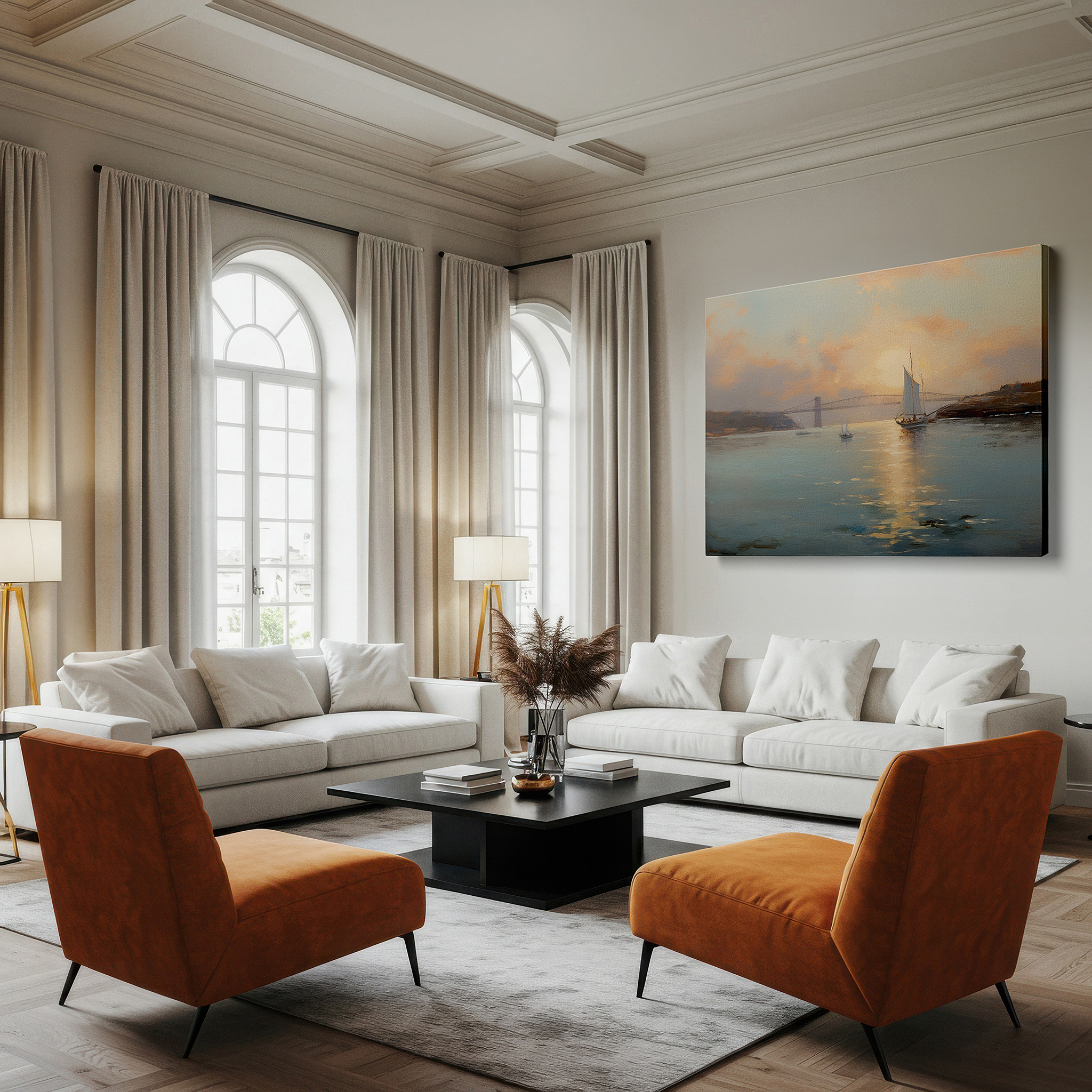 Displayed above a contemporary leather sofa in warm light — sailing ships traverse calm waters at sunset, exuding peace and serenity large wall art, canvas wall art, wall decor, office wall art