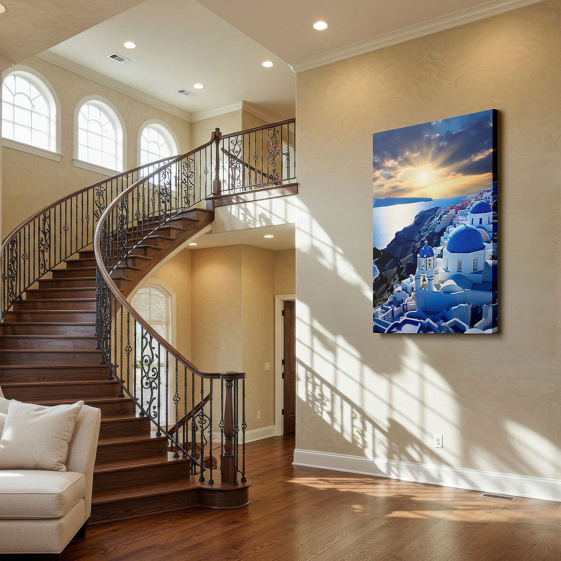 Displayed above a contemporary leather sofa in warm light — santorini sunset wall art - experience the serenity of the
