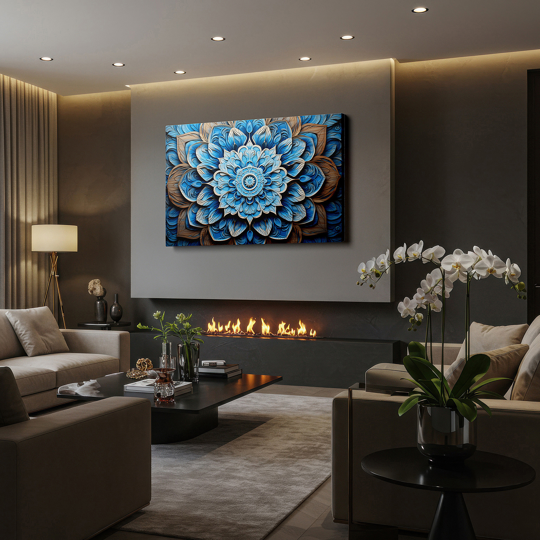 Displayed above a contemporary leather sofa in warm light — serene blue floral wood carving wall art: a tranquil harmony in artistic craftsmanship - large canvas wall decor for office and bedroom