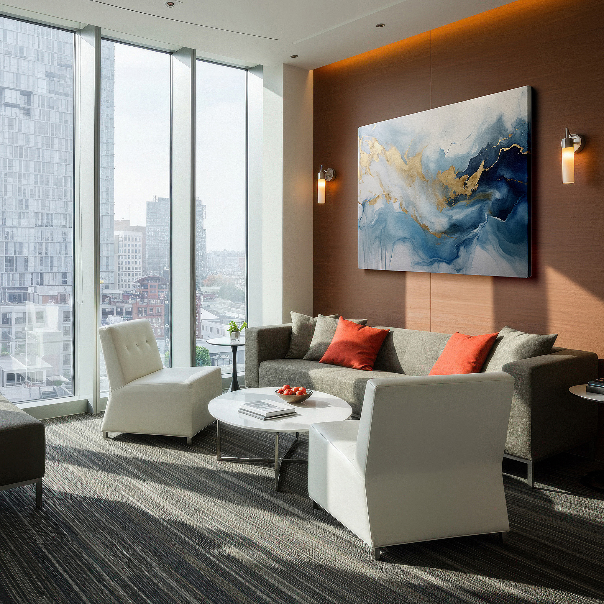 Displayed above a contemporary leather sofa in warm light — serene blues and golden waves: a tranquil fluid art masterpiece for contemporary spaces - large wall art, canvas wall art, wall decor