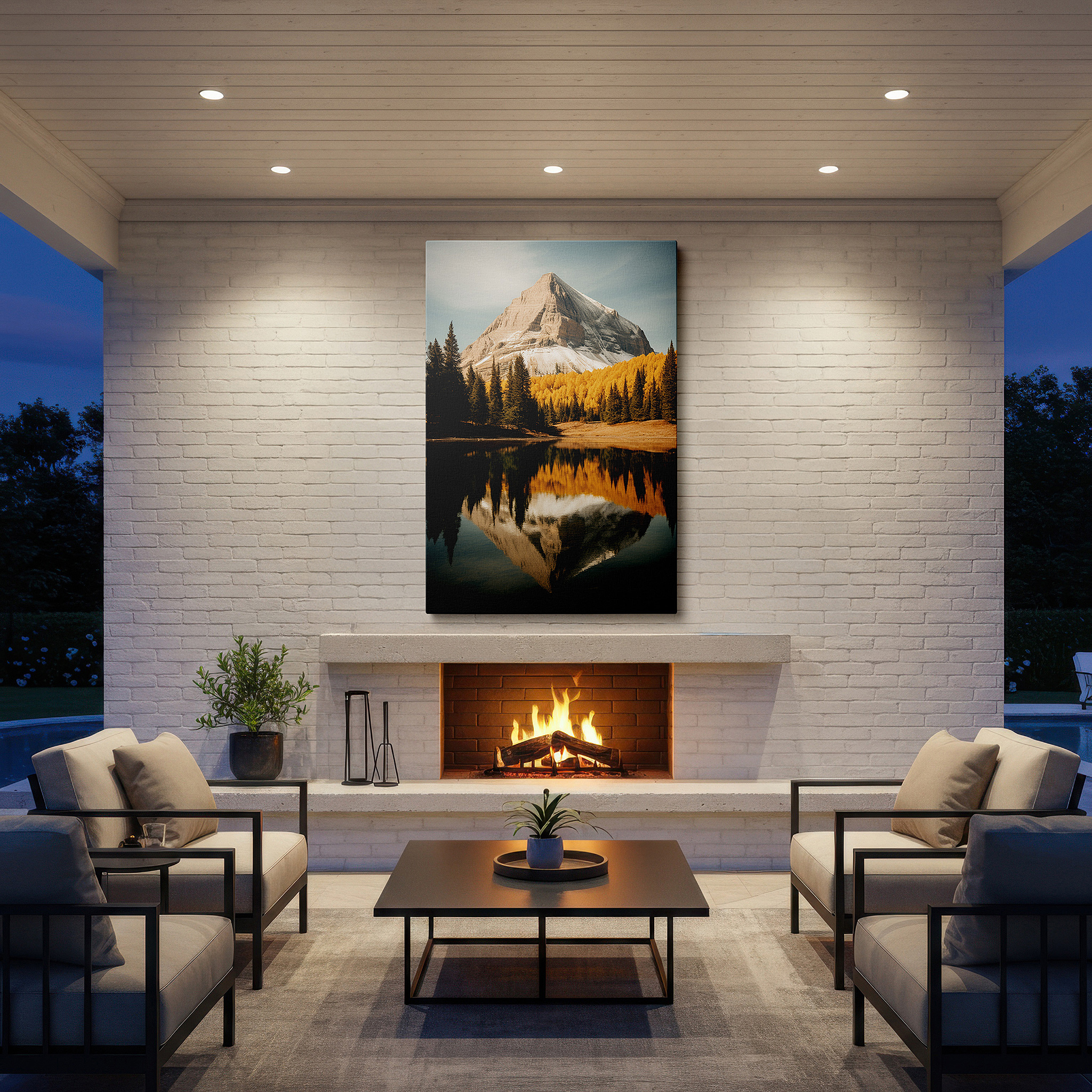 Displayed above a contemporary leather sofa in warm light — serene cliffside mountain and tranquil lake autumn scene large wall art, canvas wall decor for office and bedroom