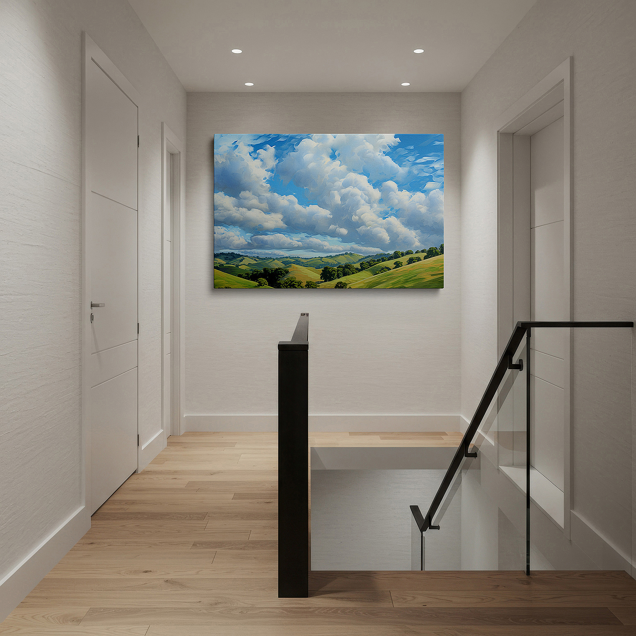 Displayed above a contemporary leather sofa in warm light — serene countryside landscape: a tranquil escape into nature's beauty - large canvas wall art for office and bedroom decor