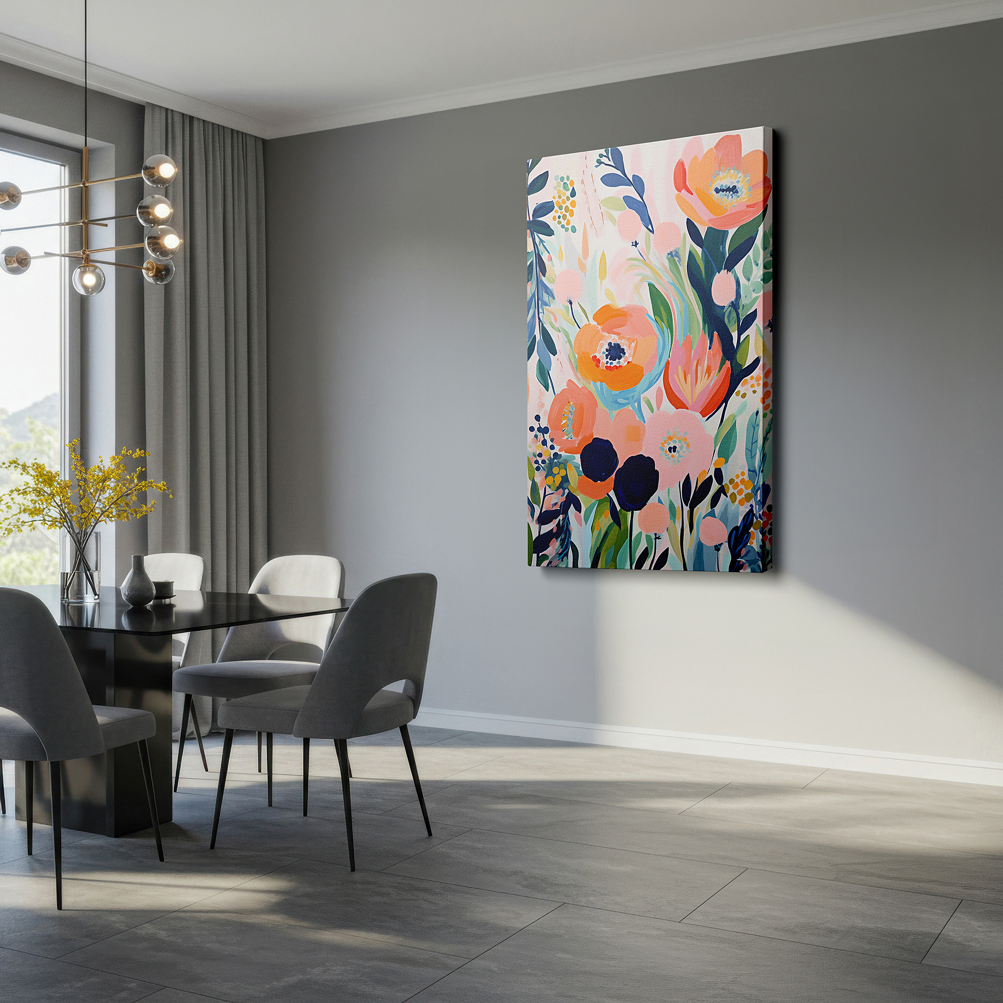 Displayed above a contemporary leather sofa in warm light — serene dawn in soft pastels: ethereal beauty of a tranquil garden - large wall art, canvas wall art, wall decor for office and bedroom