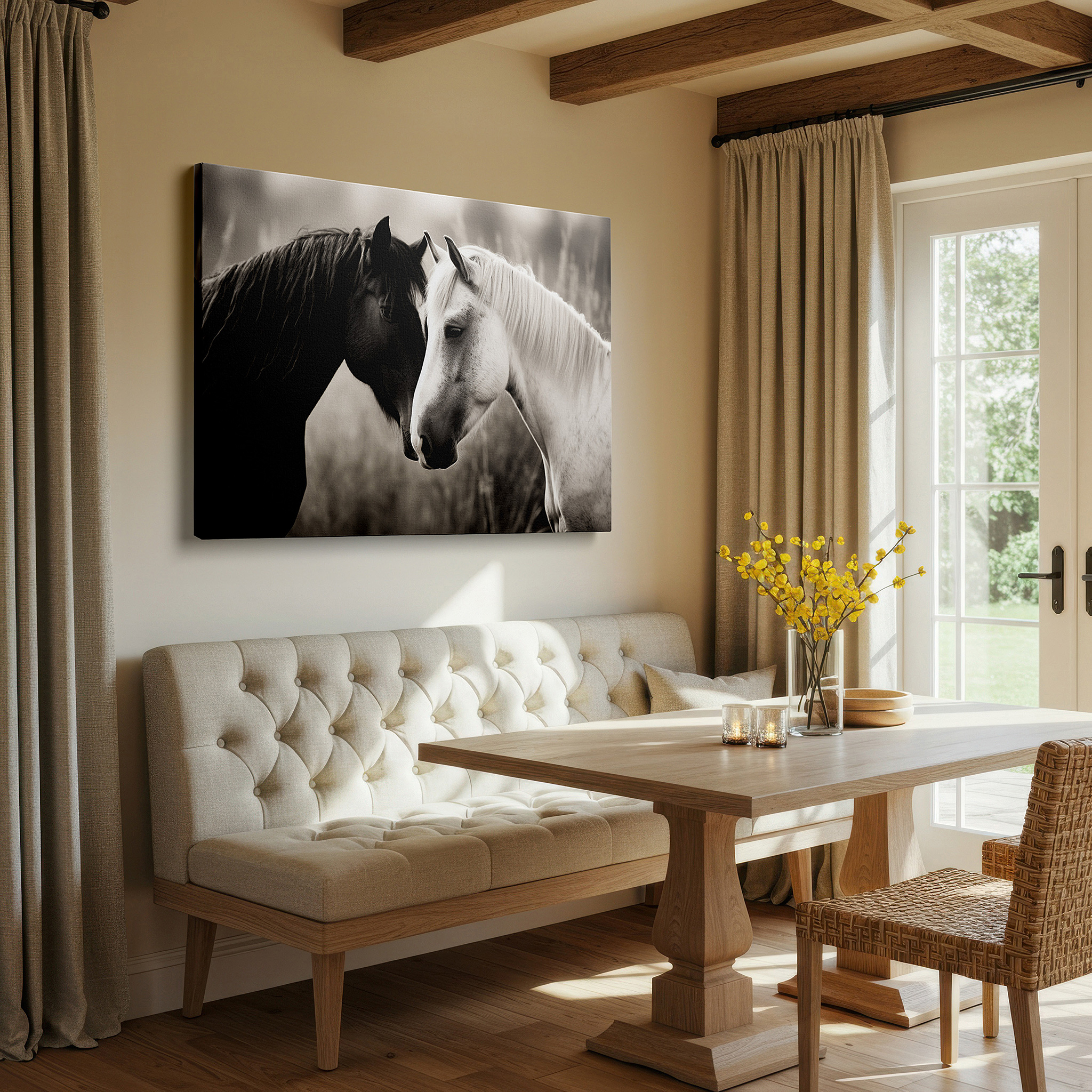 Displayed above a contemporary leather sofa in warm light — serene embrace: two horses symbolizing friendship and peace - large canvas wall art for home and office decor