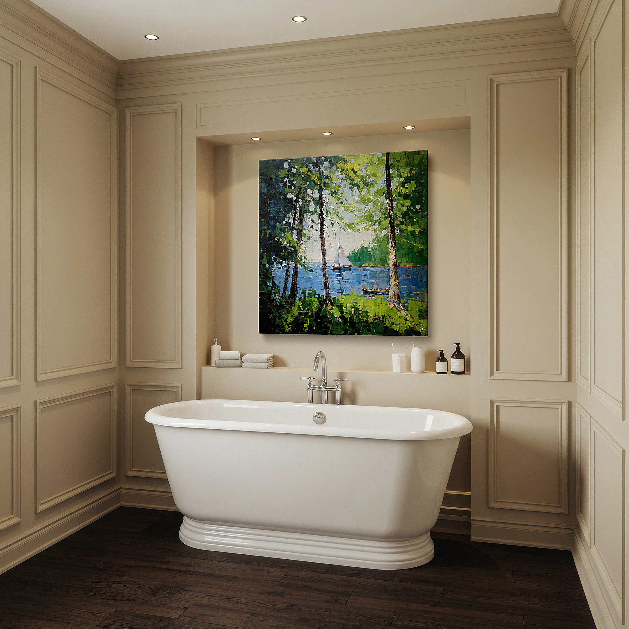 Displayed above a contemporary leather sofa in warm light — serene forest and sailboat scene, vibrant nature and adventure-themed large canvas wall art for office decor