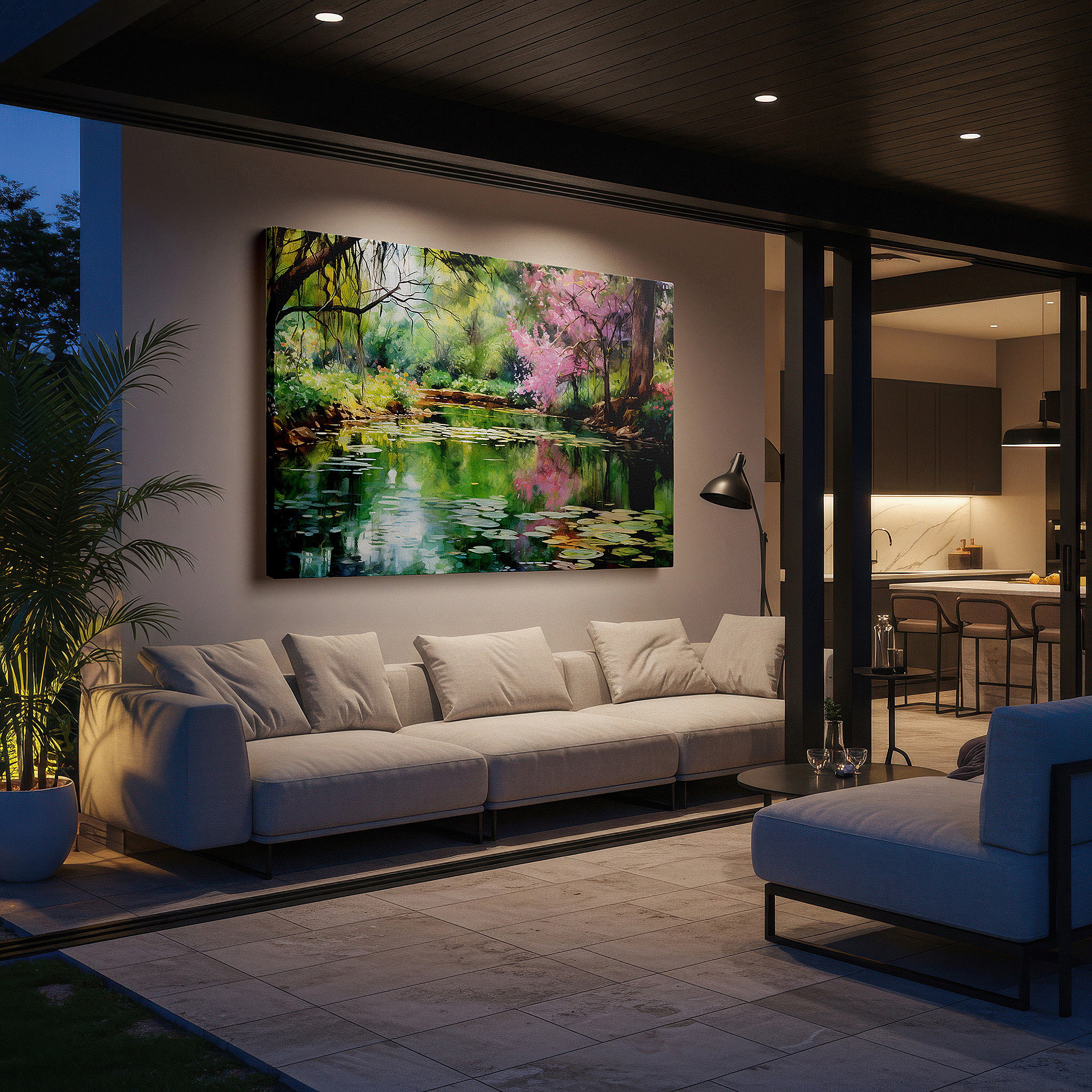 Displayed above a contemporary leather sofa in warm light — serene garden pond canvas wall art featuring lush greenery and ethereal blossoms - large wall decor for office