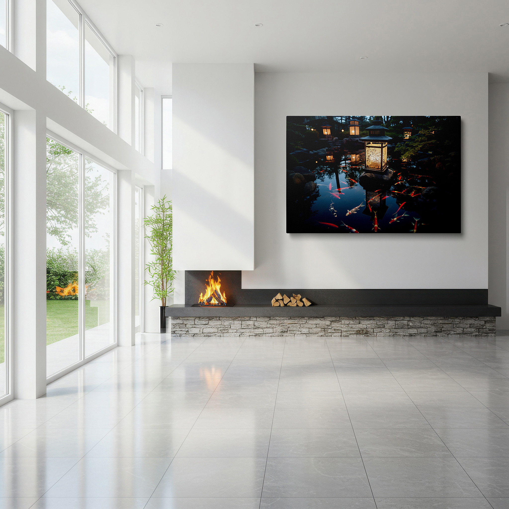 Displayed above a contemporary leather sofa in warm light — serene garden pond canvas wall art featuring glowing lanterns and graceful koi for office, bedroom, and living room decor