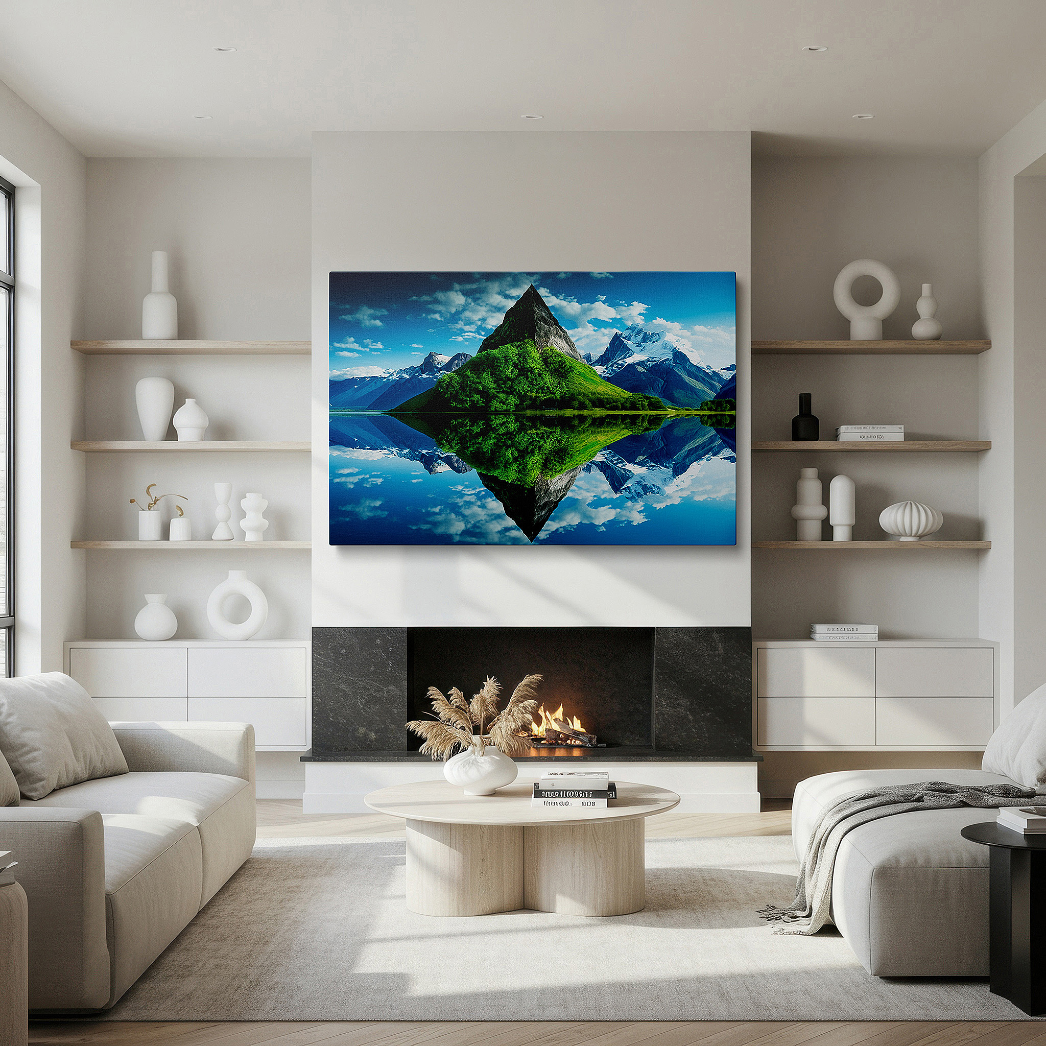 Displayed above a contemporary leather sofa in warm light — serene lake and mountain reflections large wall art - canvas decor for office and bedroom