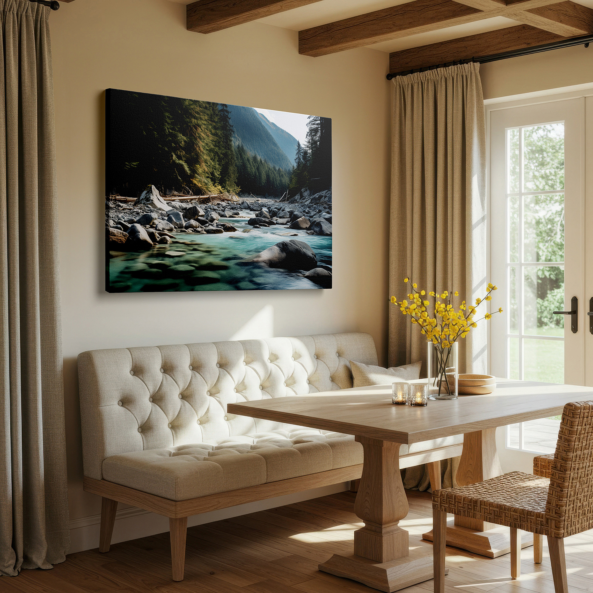 Displayed above a contemporary leather sofa in warm light — serene river and majestic mountain large canvas wall art for office and bedroom decor