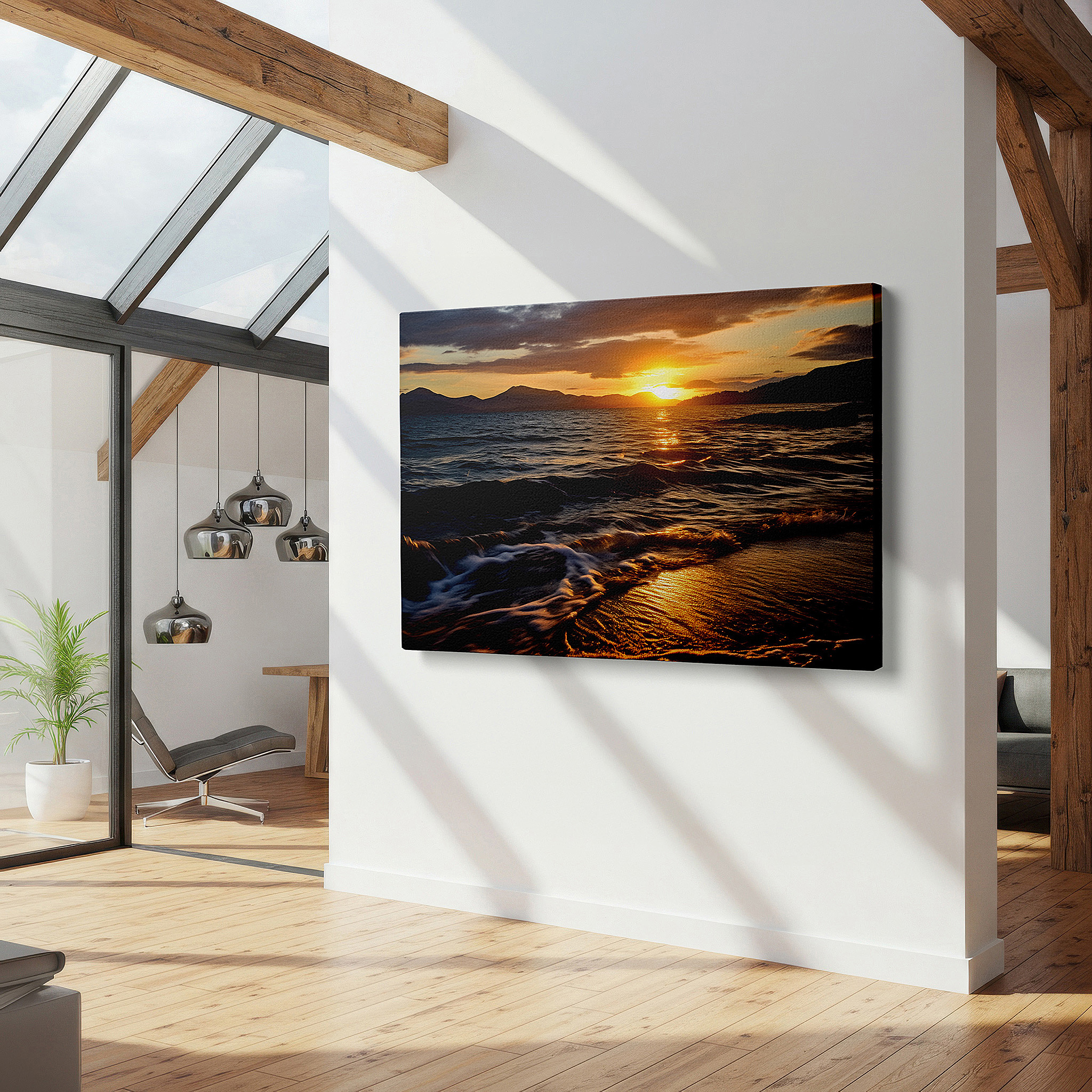 Displayed above a contemporary leather sofa in warm light — serene sunset and mountain guardians canvas print - tranquil ocean vista wall art for home and office decor, perfect for living room and bedroom