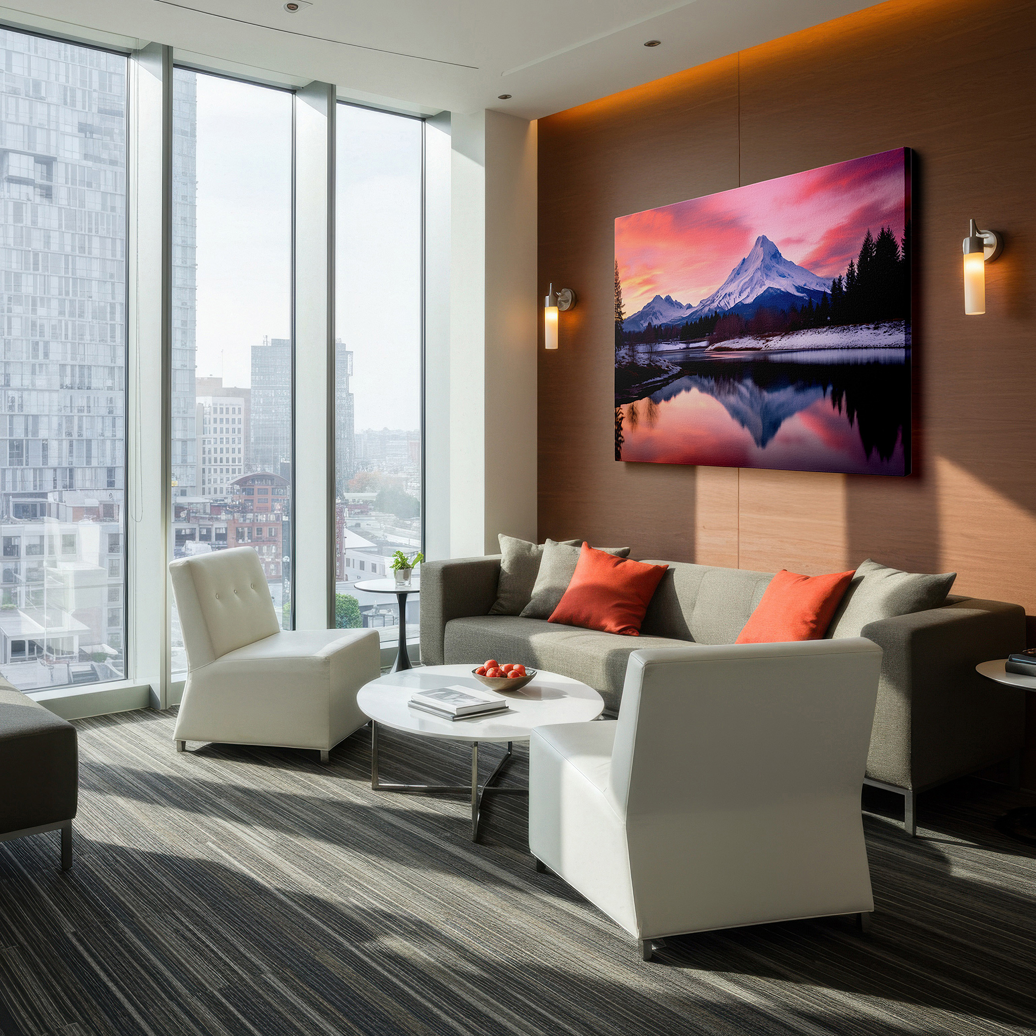 Displayed above a contemporary leather sofa in warm light — serene sunset reflections on majestic mountains in lake waters - large canvas wall art for office, bedroom, and living room decor