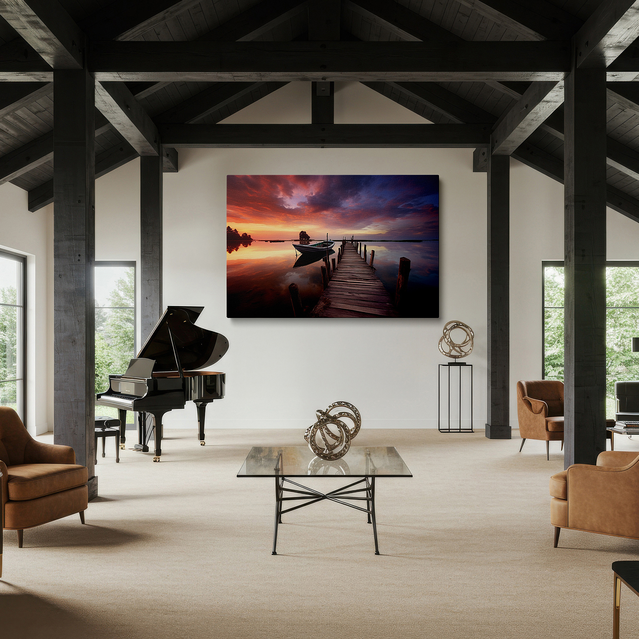 Displayed above a contemporary leather sofa in warm light — serene sunset over tranquil lake canvas print featuring wooden dock and solitary boat - ideal for office, bedroom, and home decor wall art