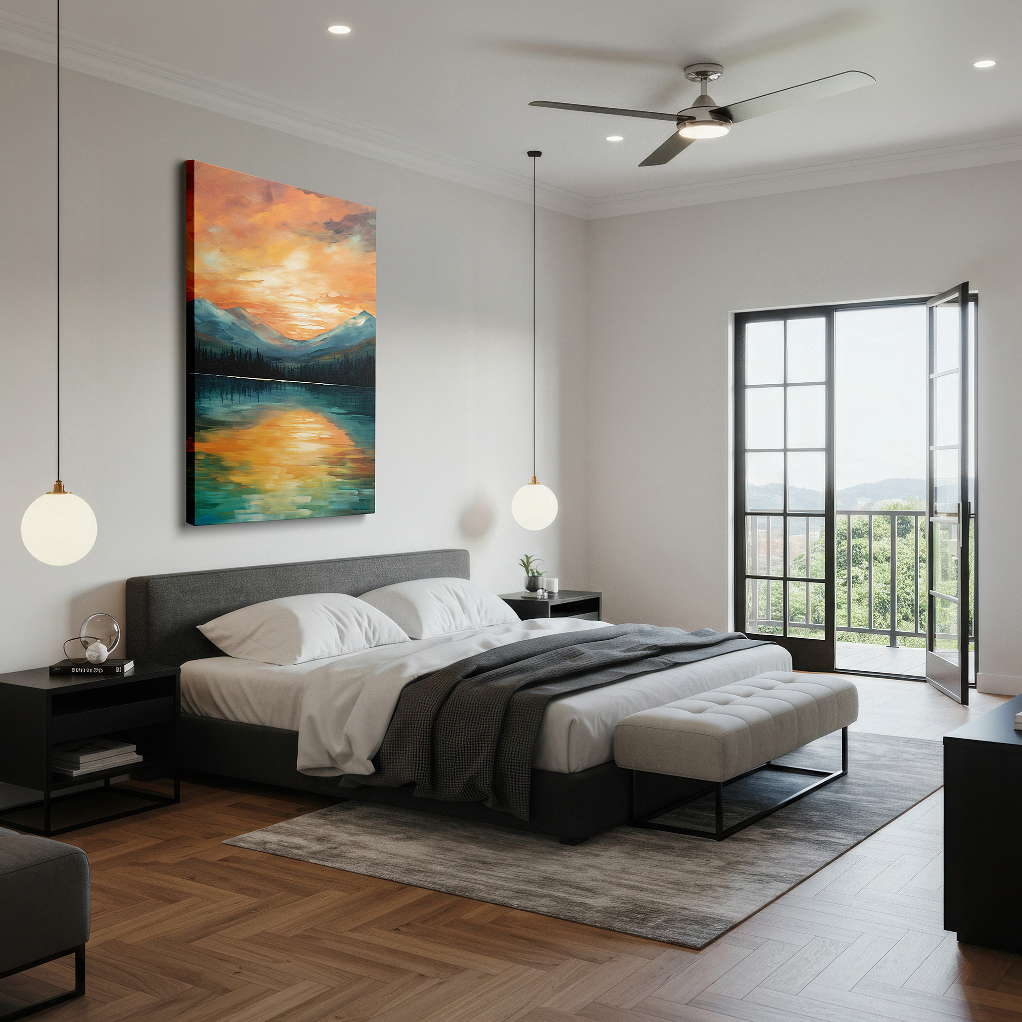 Displayed above a contemporary leather sofa in warm light — serene sunset over tranquil mountain lake - nature's beauty reflected in large wall art, canvas decor for office and bedroom