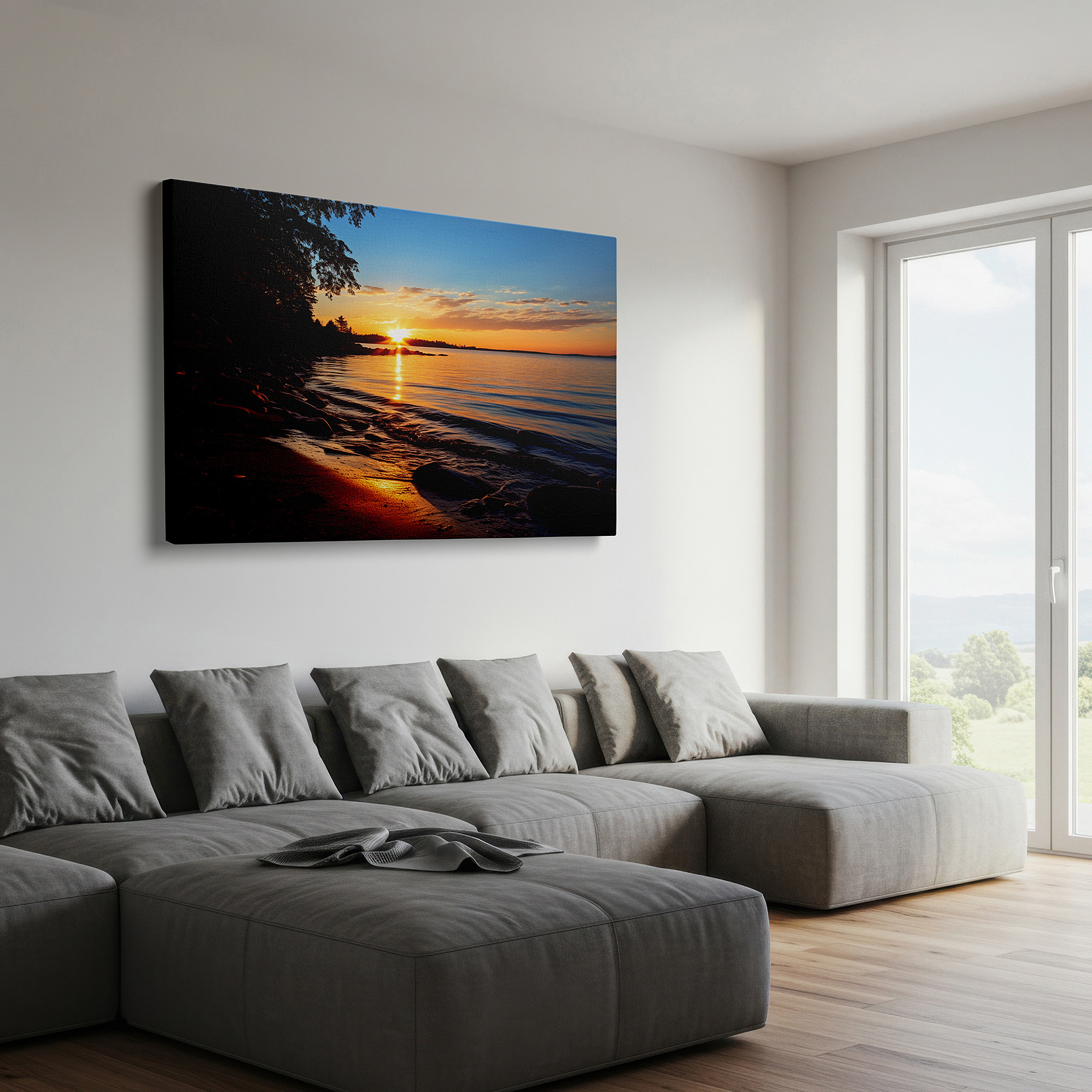 Displayed above a contemporary leather sofa in warm light — serene sunset over tranquil waters: a haven for peace and reflection - large canvas wall art for office and bedroom decor