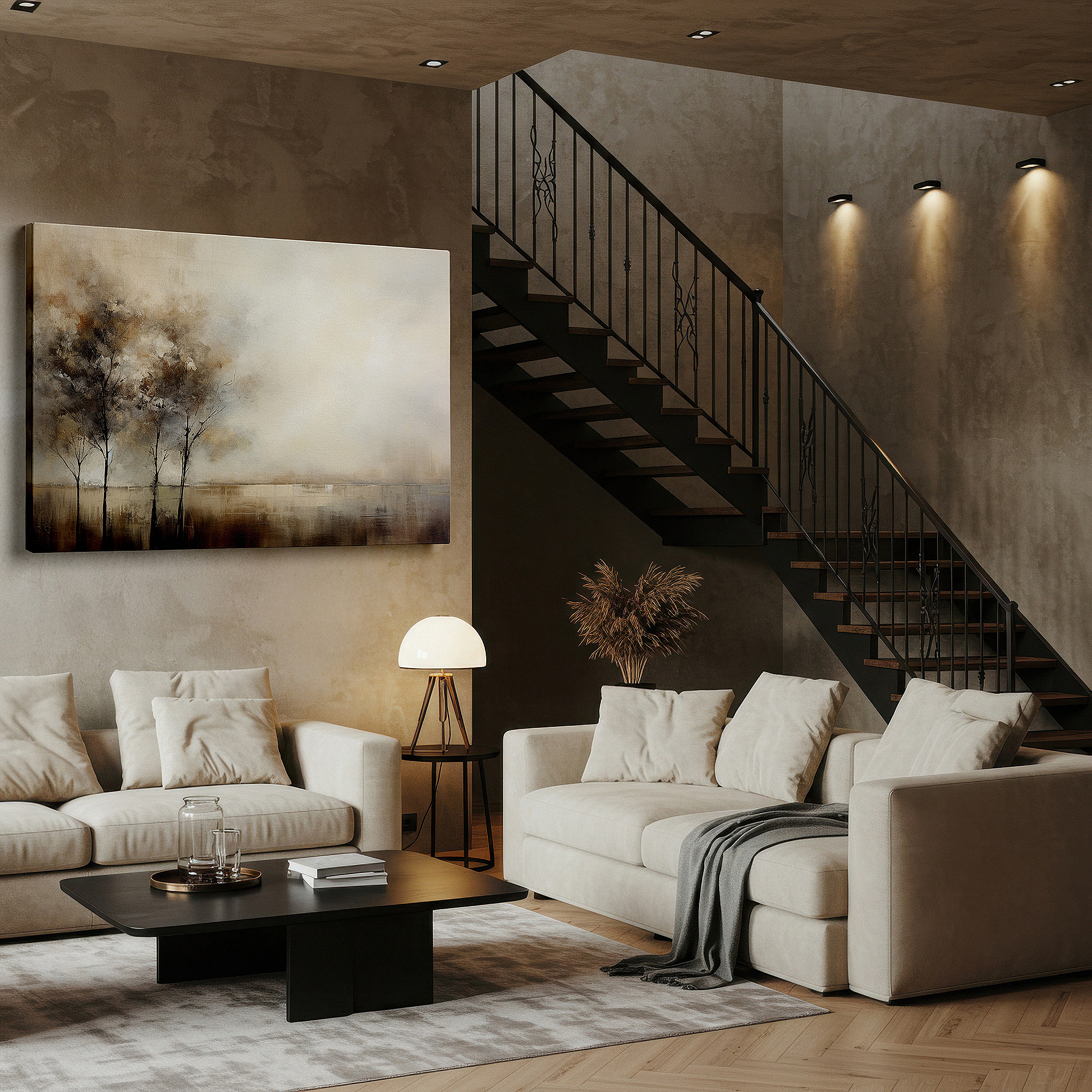 Displayed above a contemporary leather sofa in warm light — serene trees in earth tones: a symbol of strength and tranquility - large wall art for any space, including canvas wall art for offices and bedrooms