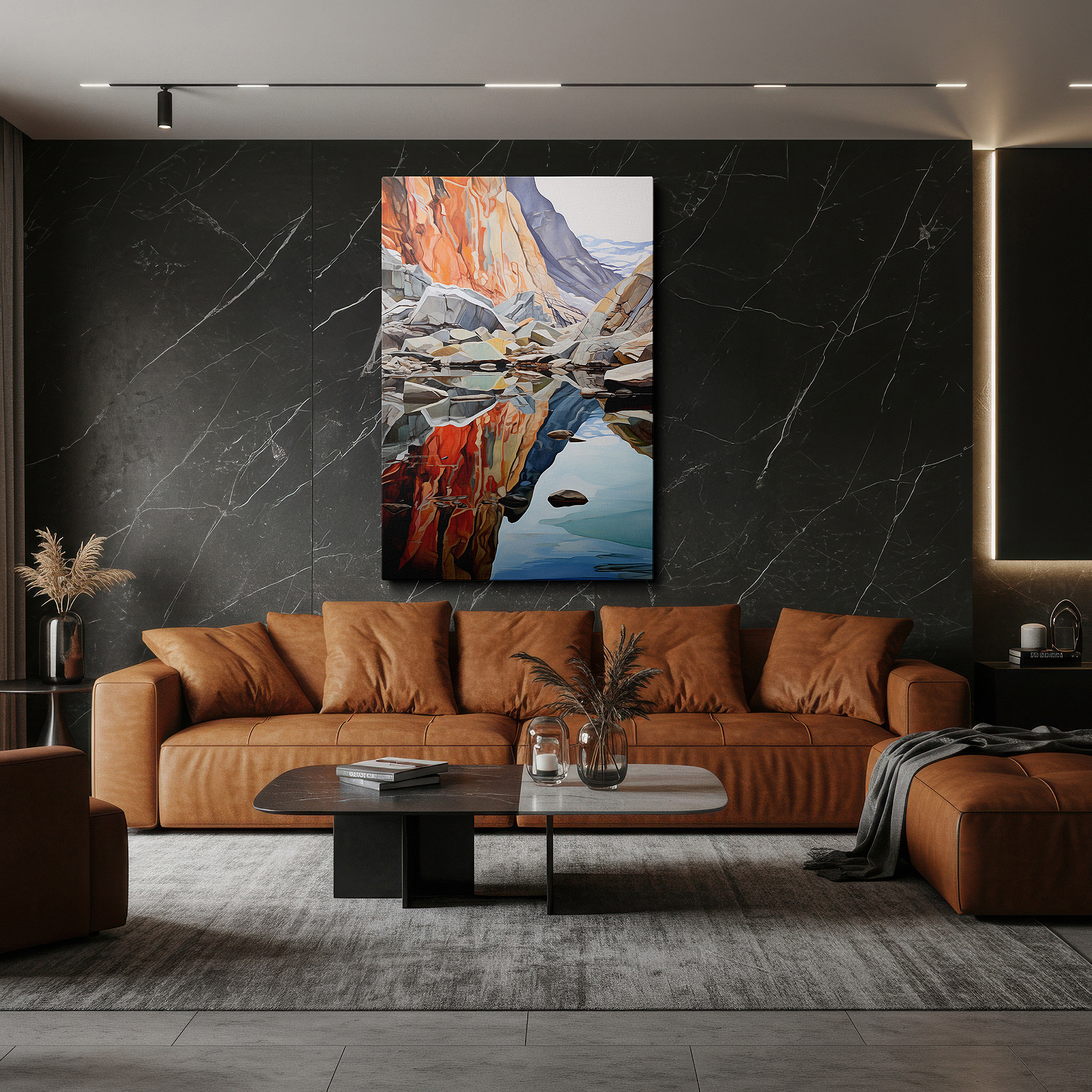 Displayed above a contemporary leather sofa in warm light — serene waters and grand rocks - nature's peaceful symphony large wall art, canvas wall art, wall decor for office and bedroom