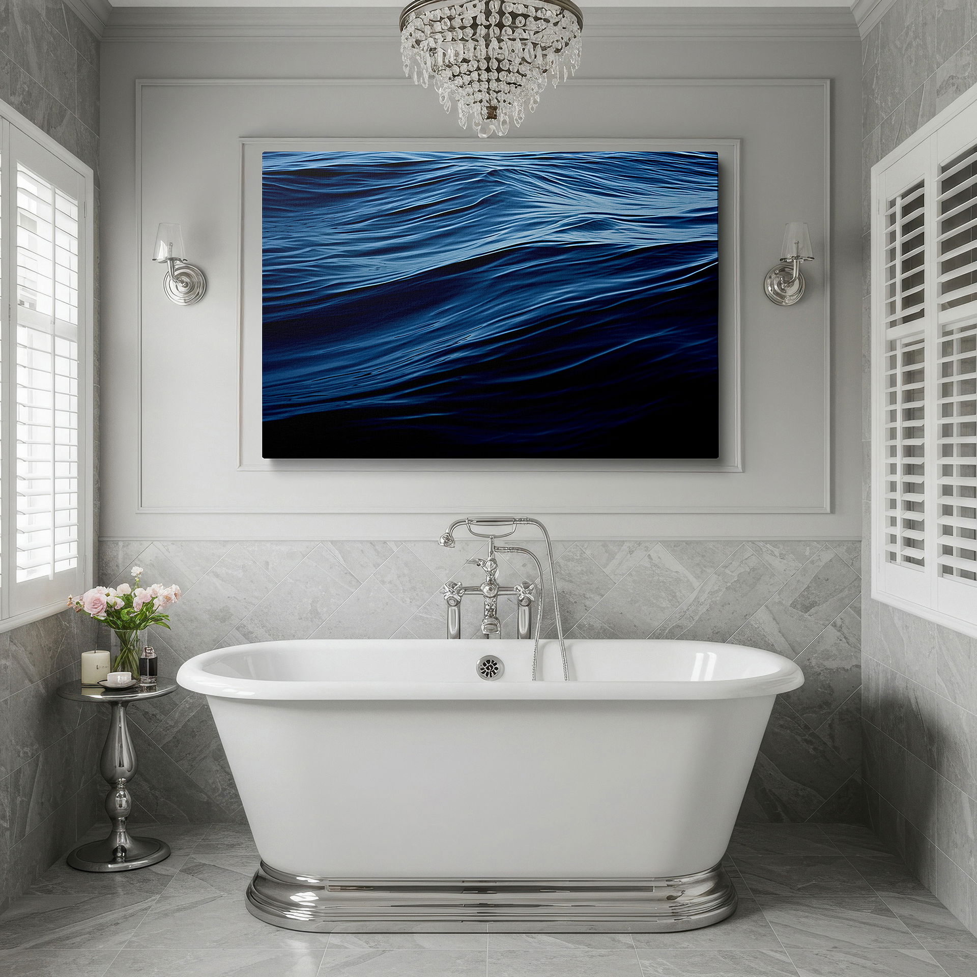 Displayed above a contemporary leather sofa in warm light — serene waters and sky reflections: a tranquil display of light and color - large canvas wall art for office and bedroom decor