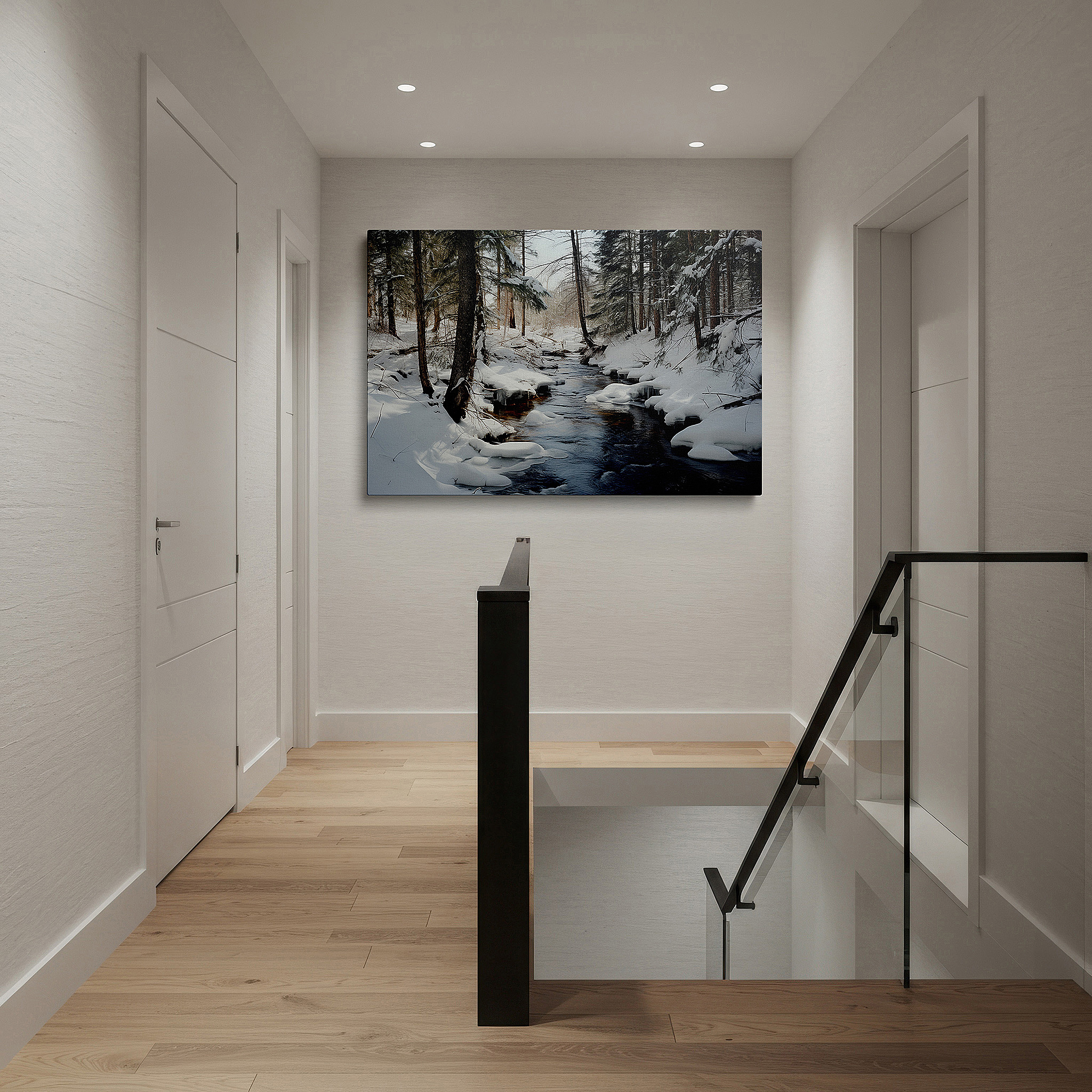 Displayed above a contemporary leather sofa in warm light — serene winter creek amidst snowy trees large wall art, canvas wall art, wall decor for office, bedroom, and living room