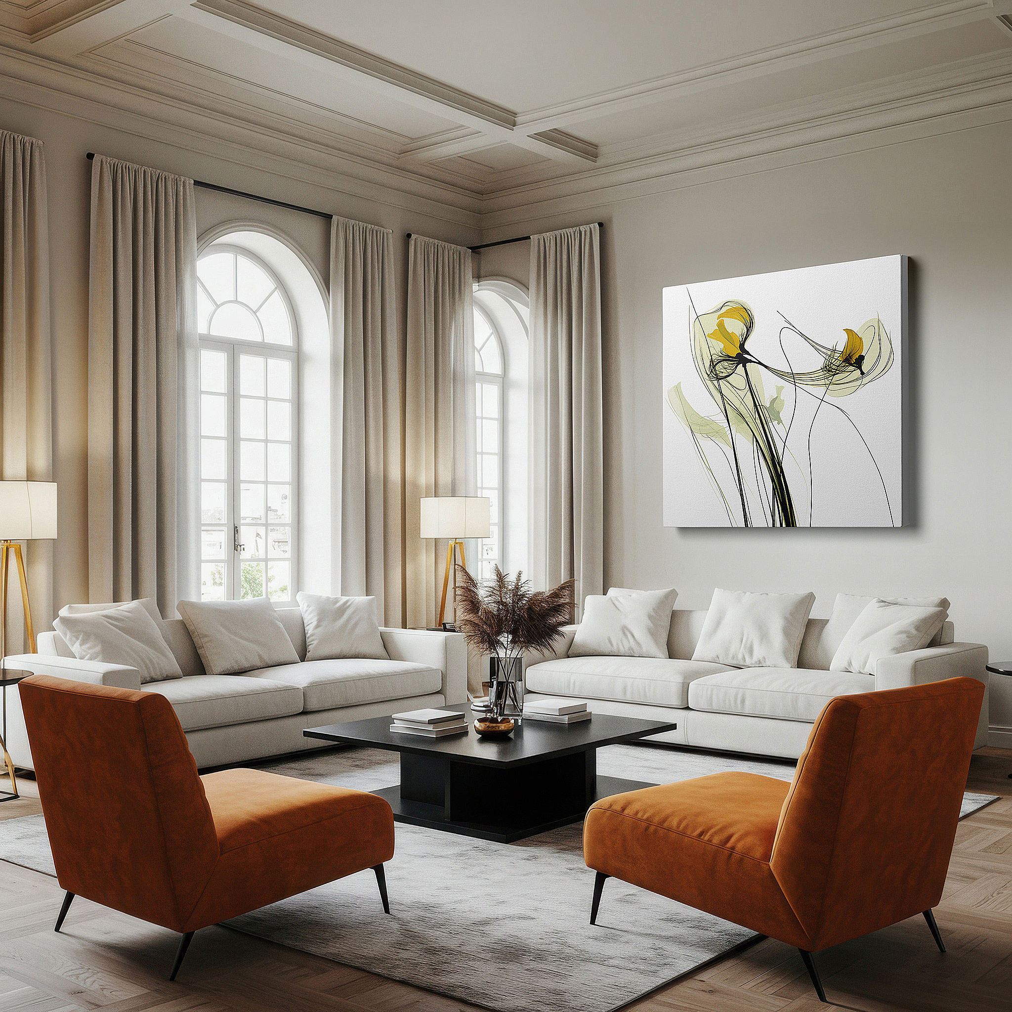 Displayed above a contemporary leather sofa in warm light — soft-hued stylized flowers, tranquil abstract with vibrant accents, large canvas wall art for office decor