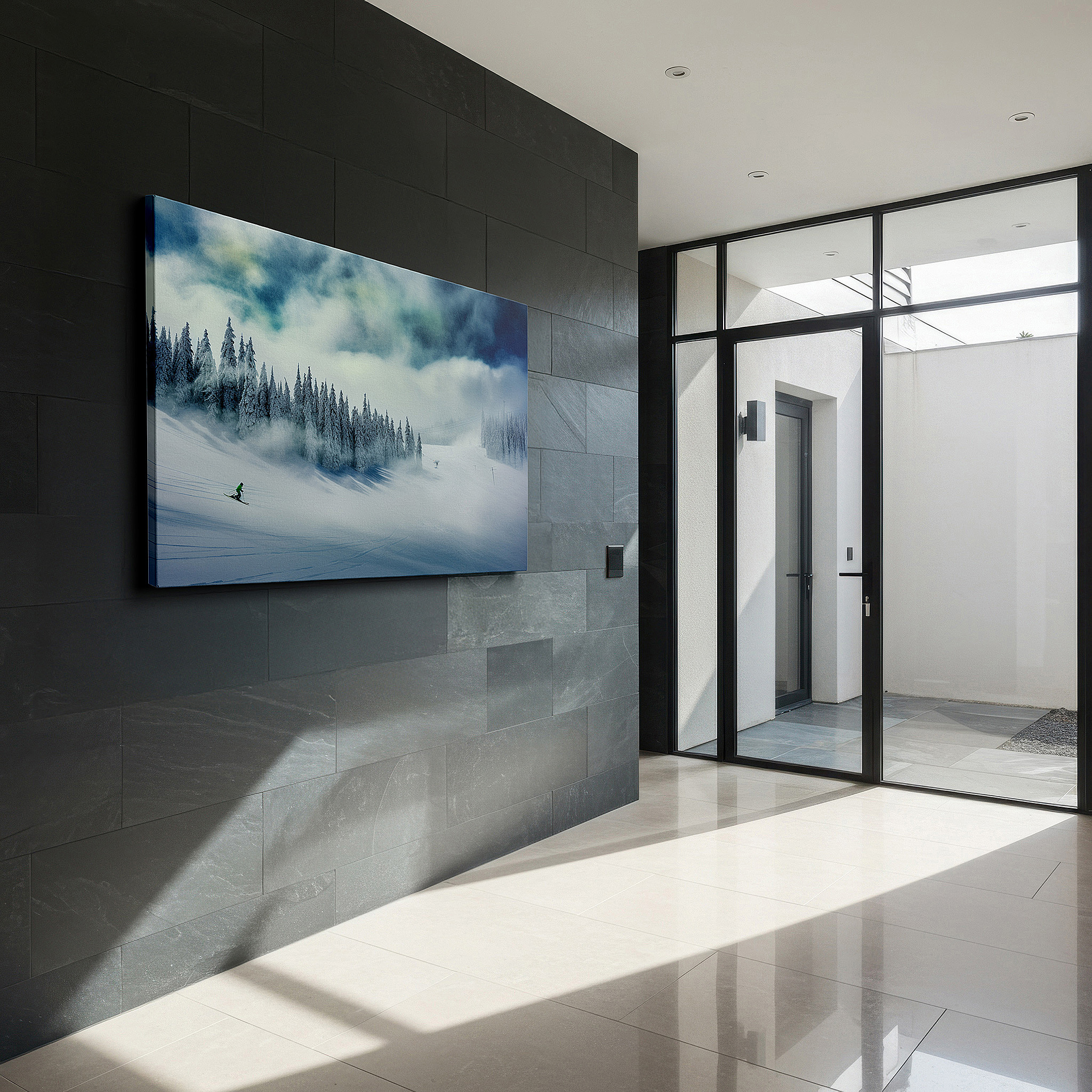 Displayed above a contemporary leather sofa in warm light — solo skier wall art: graceful glide through snowy serenity - large canvas for office, bedroom, or living room decor