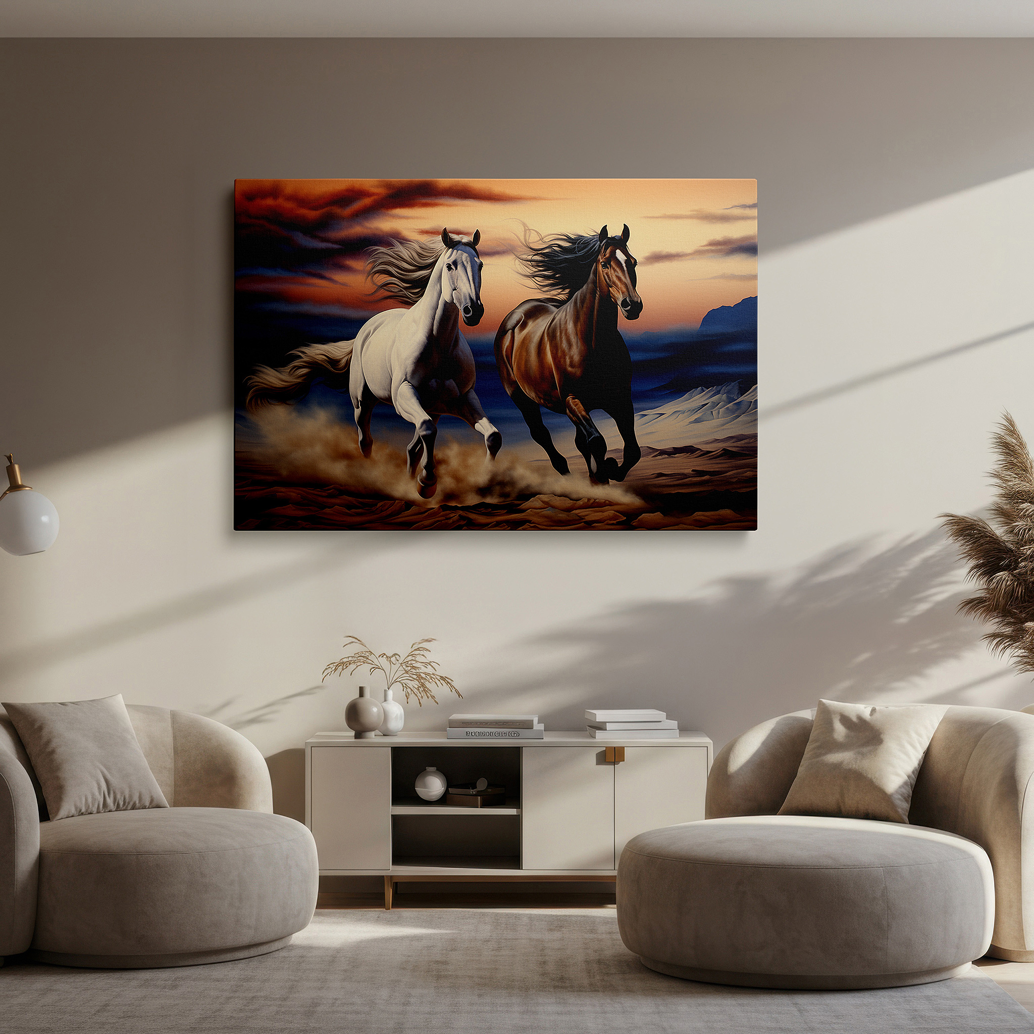 Displayed above a contemporary leather sofa in warm light — stunning large wall art of horses galloping in a desert at sunset, symbolizing freedom and the beauty of nature, perfect for office wall decor