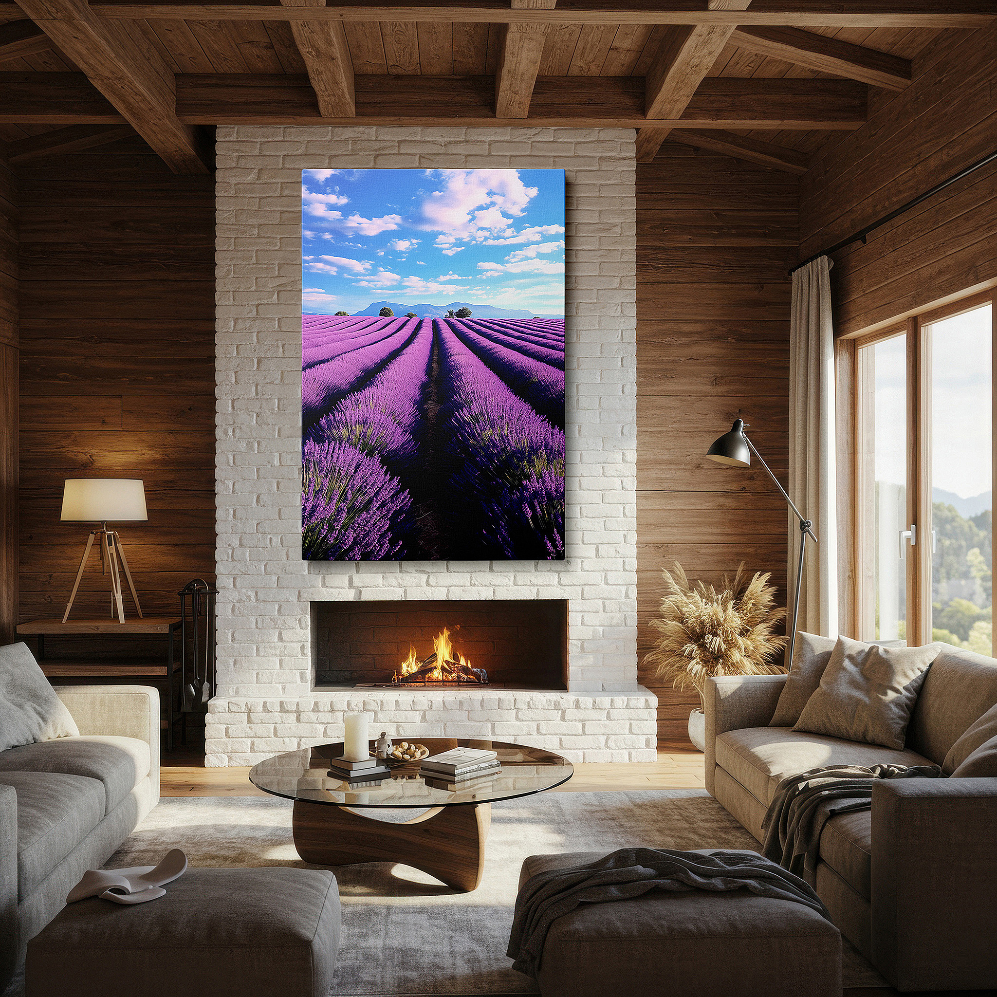 Displayed above a contemporary leather sofa in warm light — sunlit lavender fields, tranquil nature large canvas wall art for office, bedroom, and living room decor