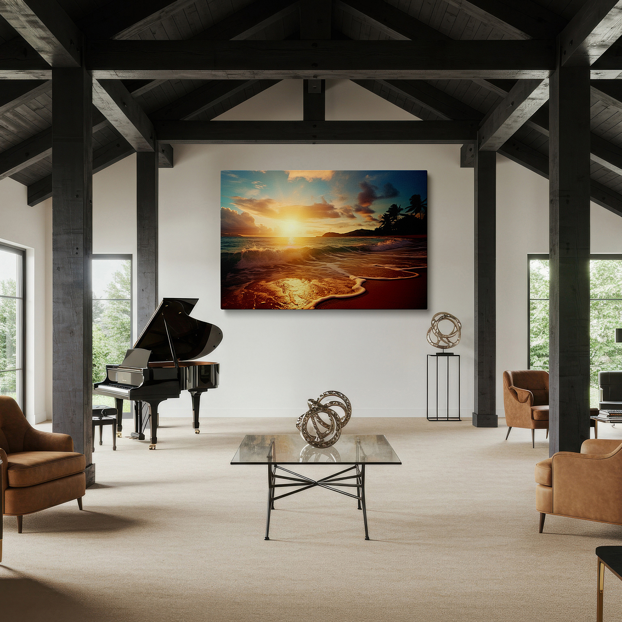 Displayed above a contemporary leather sofa in warm light — sunrise serenity on a sandy beach - warm hues and gentle waves large wall art, canvas wall art, wall decor for office and bedroom