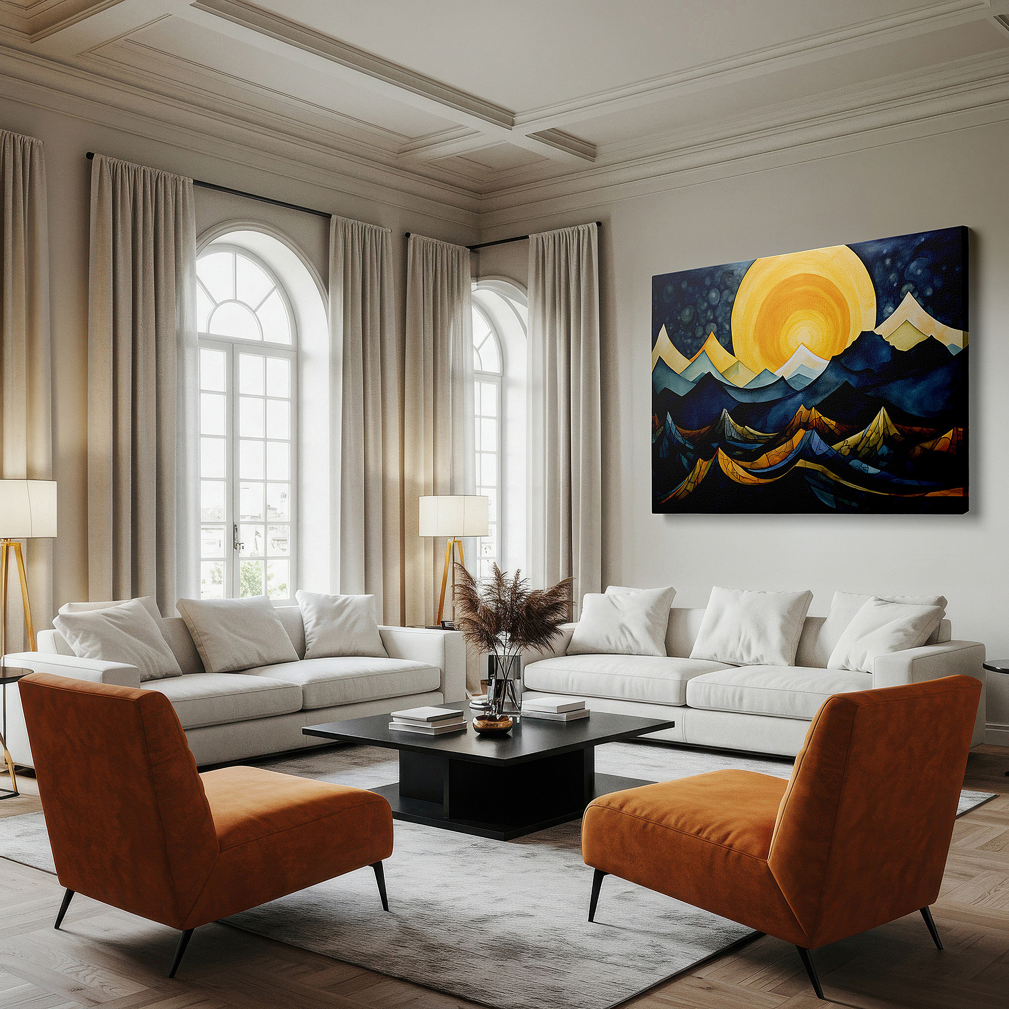 Displayed above a contemporary leather sofa in warm light — sunrise symphony over surreal mountains: celebrating nature's majesty with large canvas wall art for home and office decor