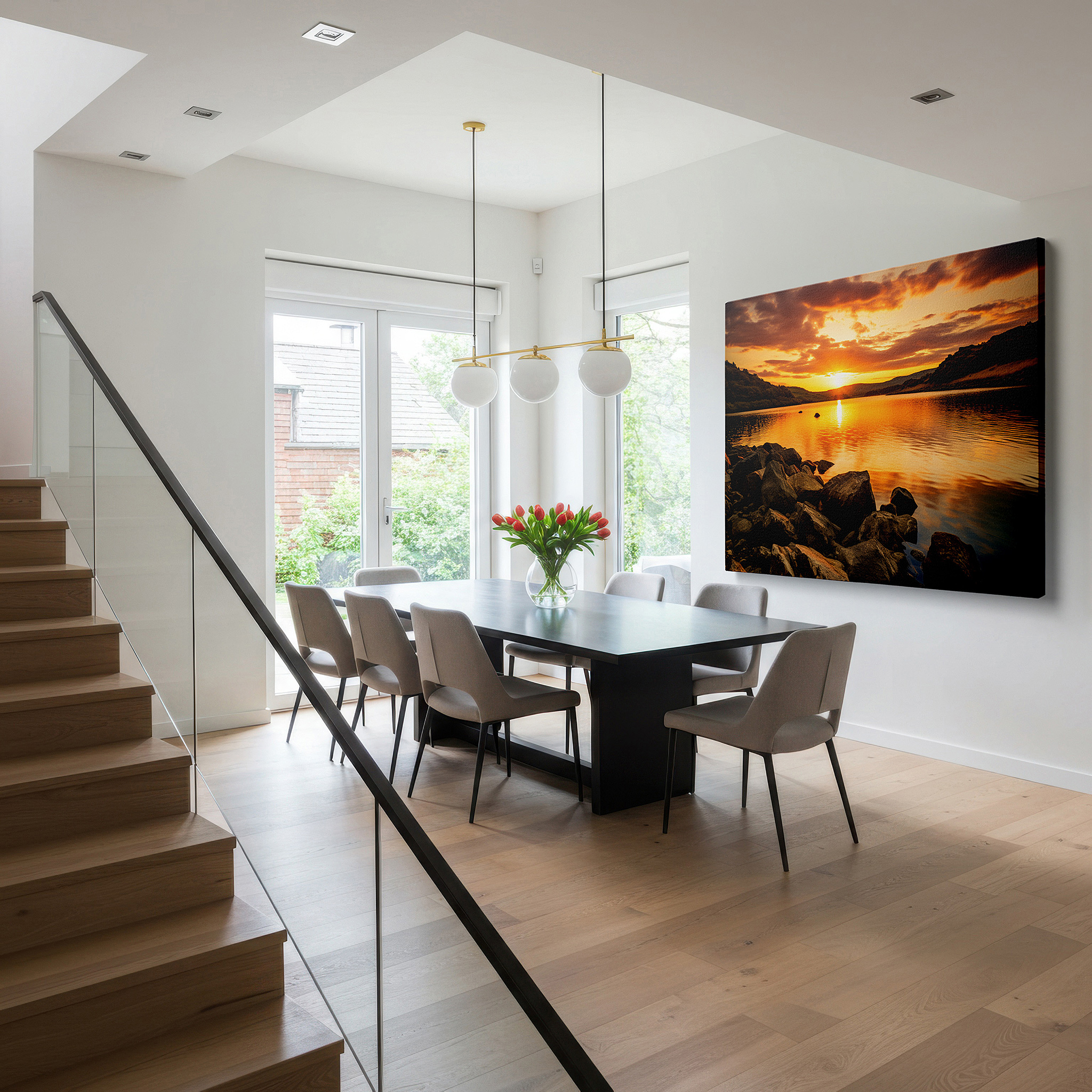 Displayed above a contemporary leather sofa in warm light — sunset over tranquil lake - serene nature reflections large wall art, canvas wall art, wall decor for office and bedroom