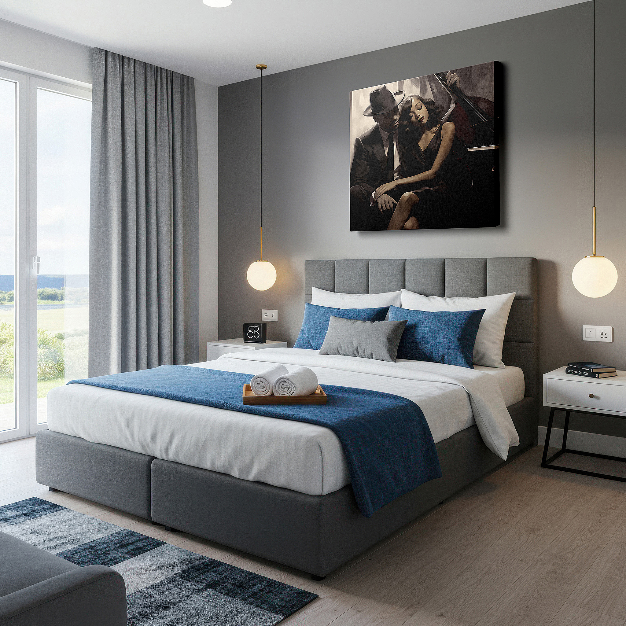 Displayed above a contemporary leather sofa in warm light — timeless love and music in black and white: a romantic symphony of intimacy and artistic expression - large canvas wall art