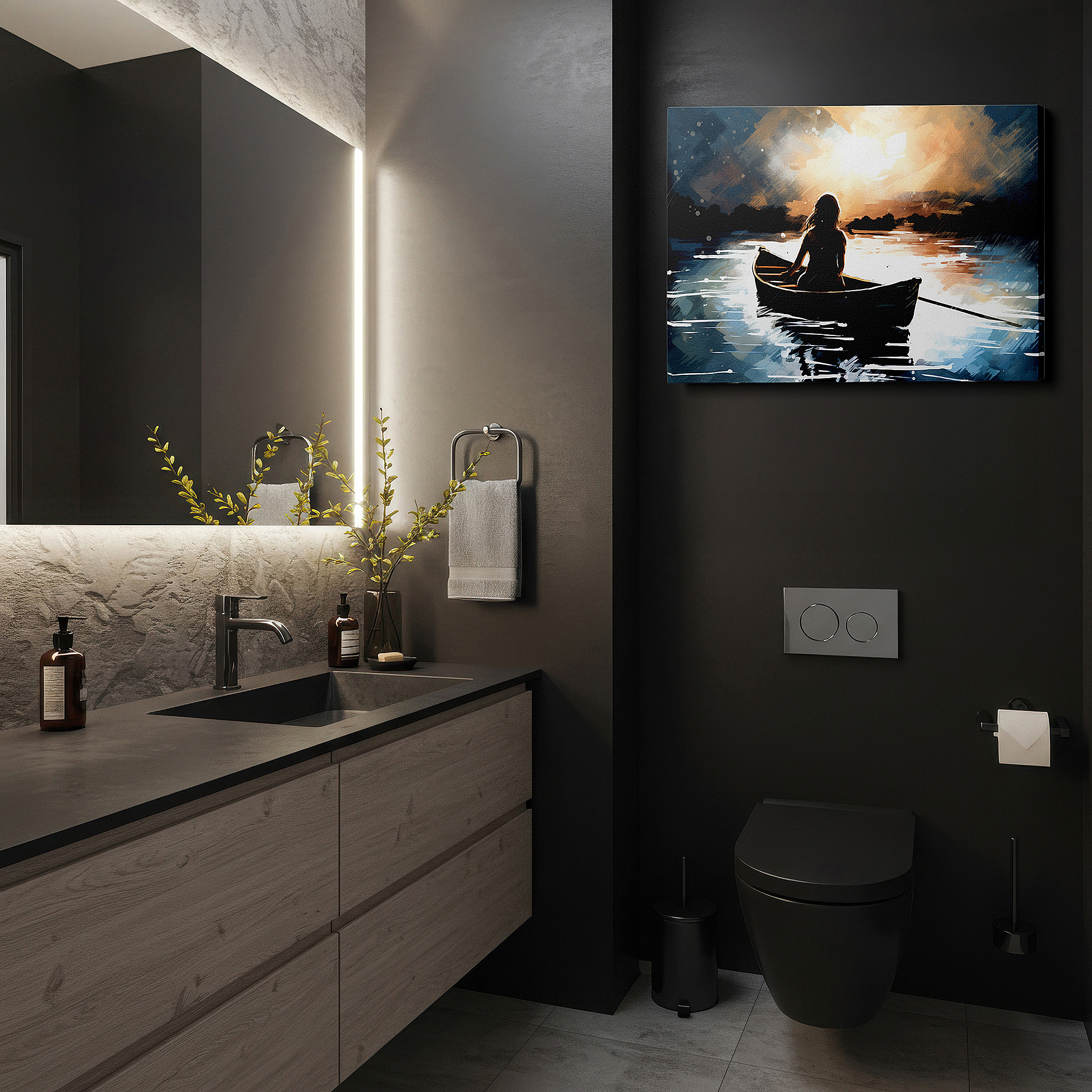 Displayed above a contemporary leather sofa in warm light — tranquil canoe journey at sunset: large canvas wall art depicting nature's serene splendor for office and bedroom decor