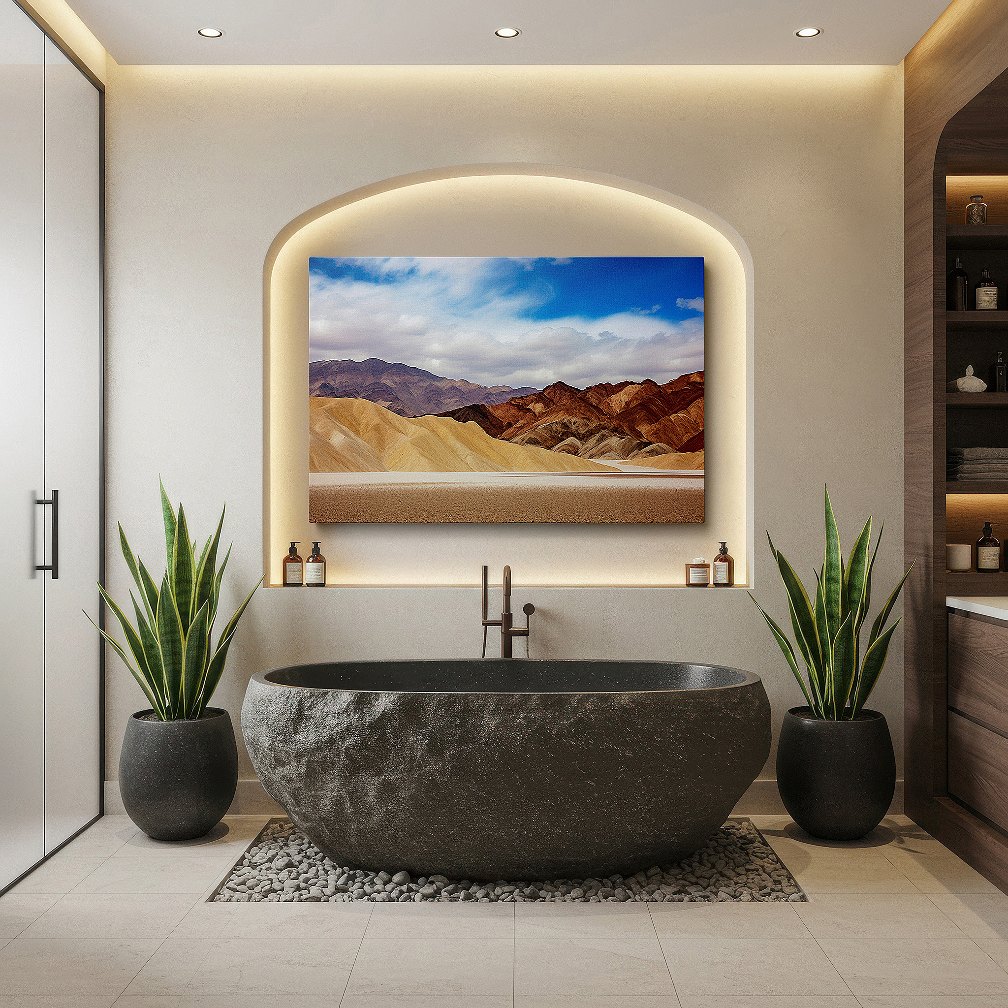 Displayed above a contemporary leather sofa in warm light — tranquil desert mountains large canvas wall art, ethereal landscape office decor