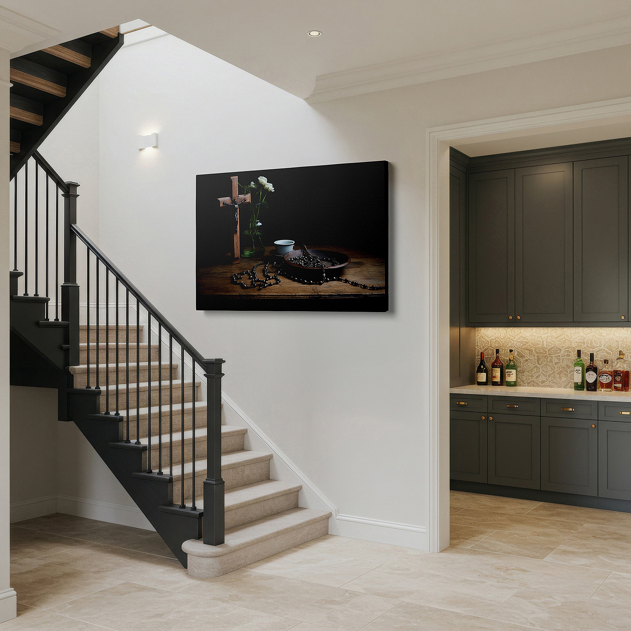 Displayed above a contemporary leather sofa in warm light — tranquil faith reflections: large canvas wall art featuring a wooden cross and silver rosary with white flowers, ideal for office wall decor