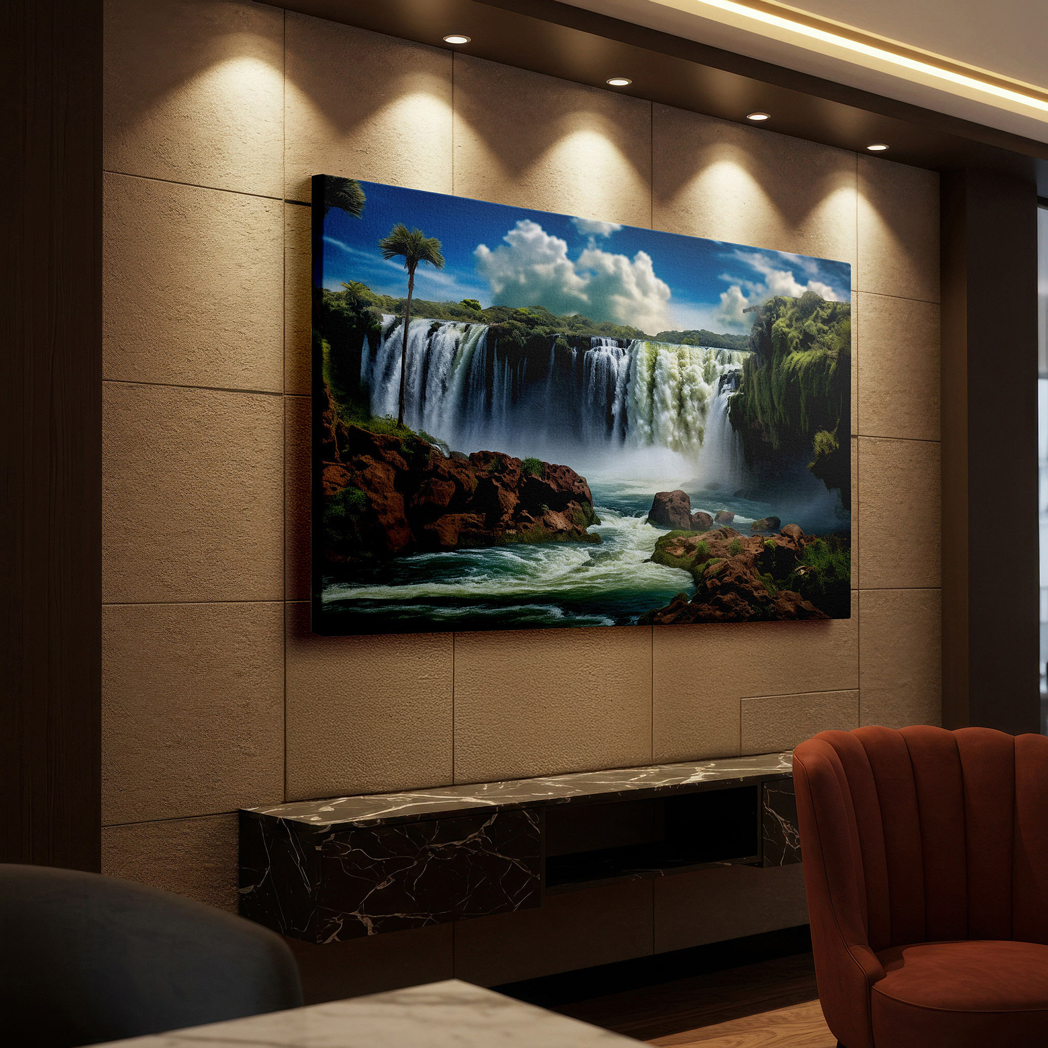 Displayed above a contemporary leather sofa in warm light — tropical paradise hidden waterfall oasis, serene retreat with lush foliage and shimmering pool, large canvas wall art decor