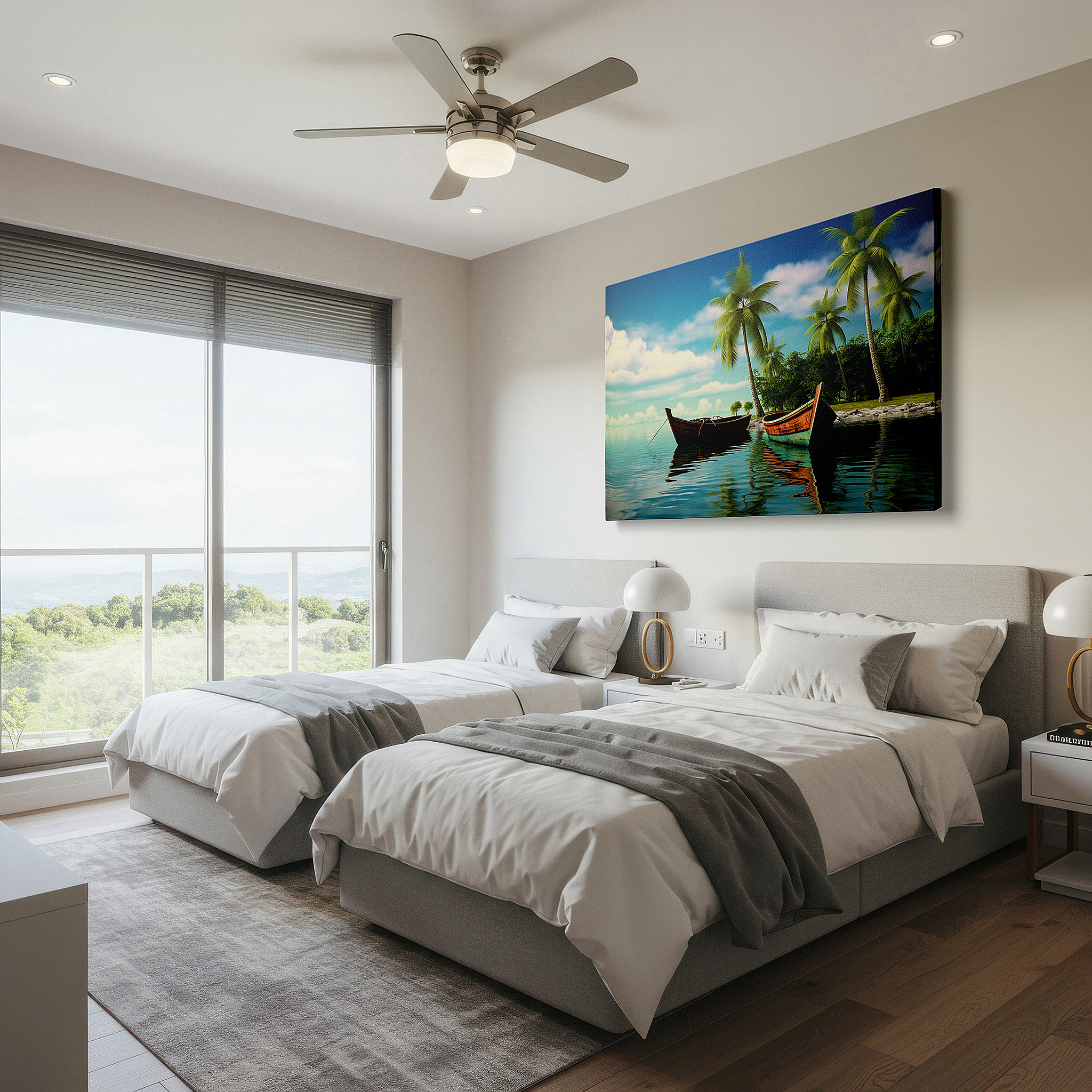 Displayed above a contemporary leather sofa in warm light — tropical paradise wall art featuring wooden boats and lush palms - large canvas for office, bedroom, and living room decor