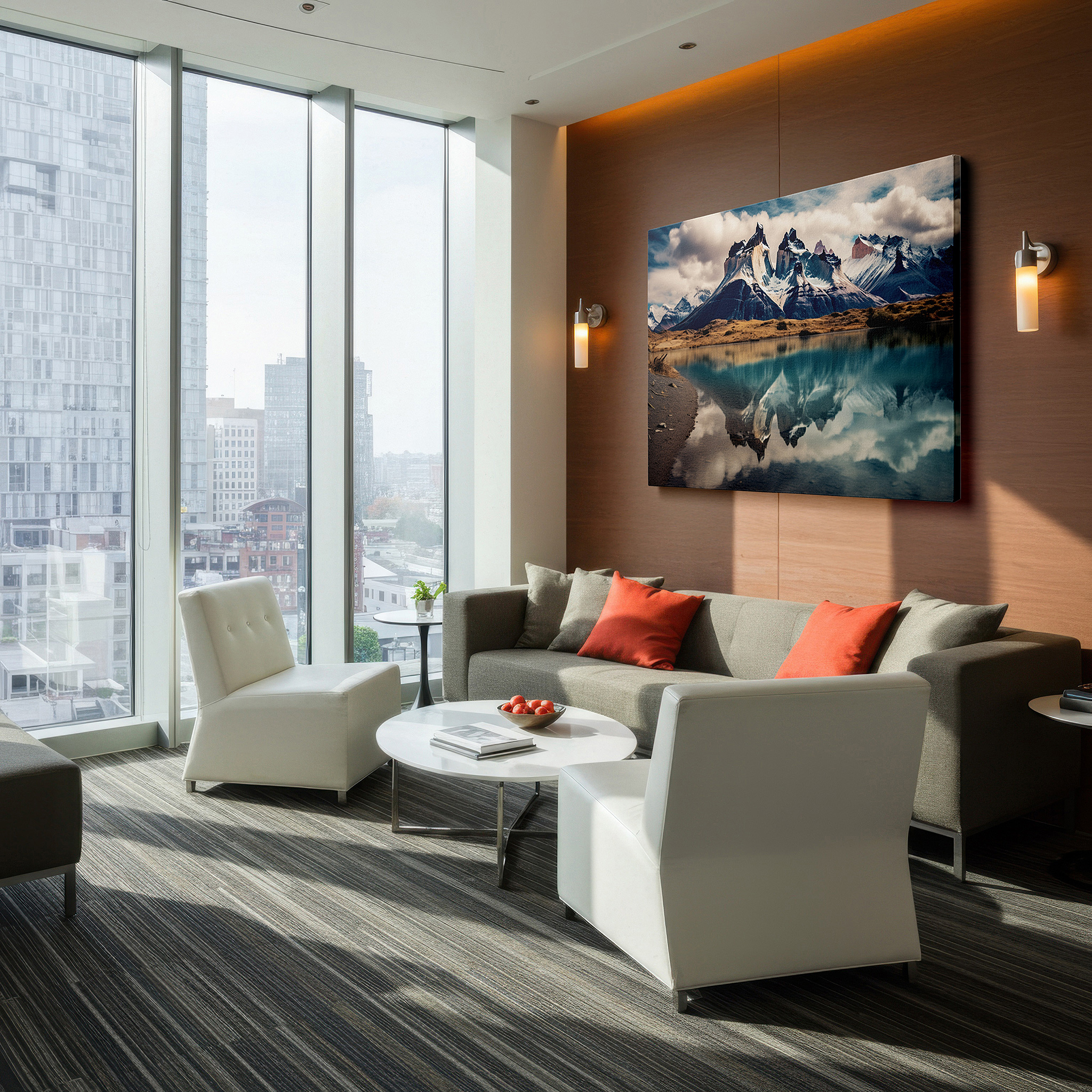 Displayed above a contemporary leather sofa in warm light — twilight glow on majestic mountains and serene lake reflections large wall art, canvas wall art, wall decor for office and bedroom