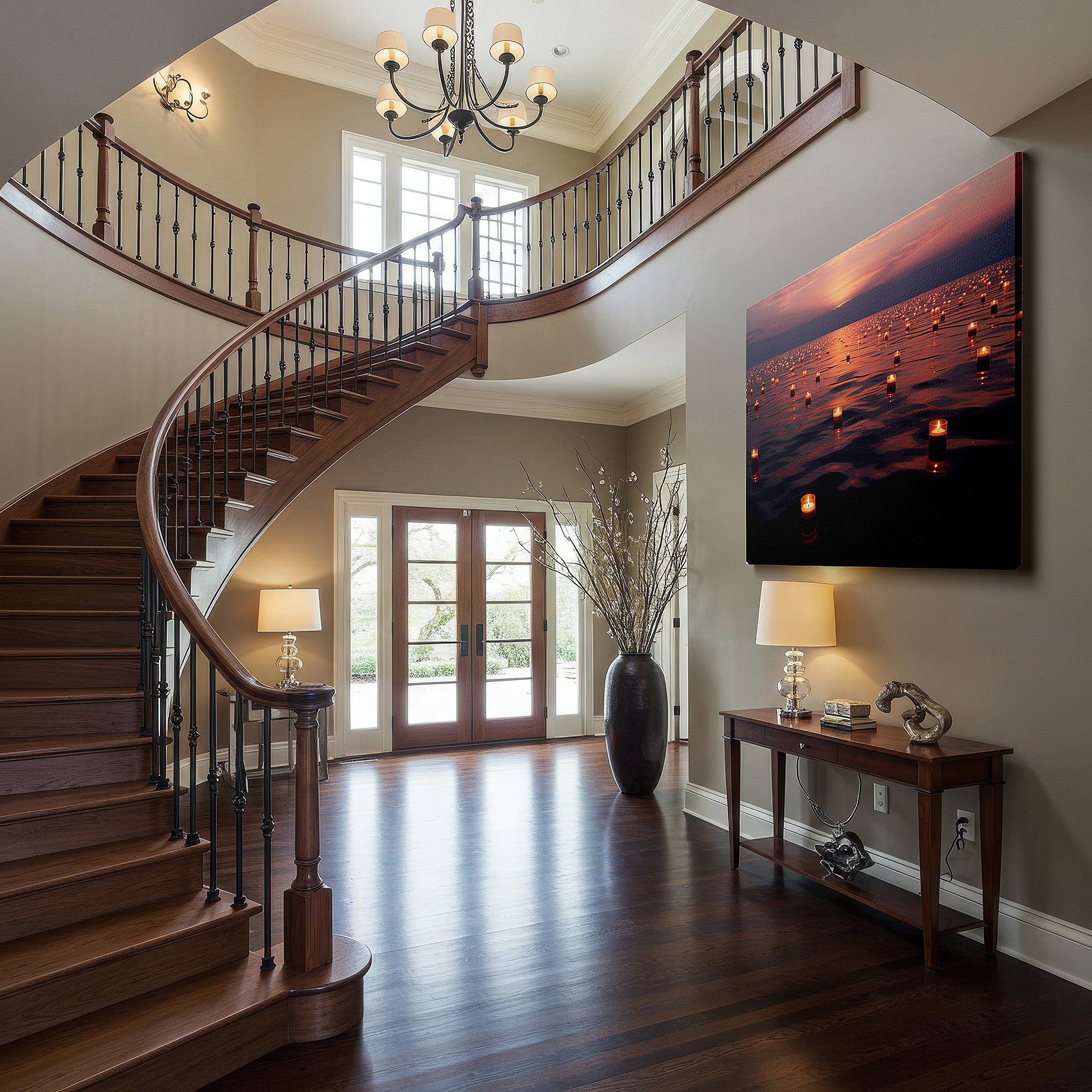 Displayed above a contemporary leather sofa in warm light — twilight serenity with floating candles: a tranquil reflection of light and peace - large canvas wall art for office decor