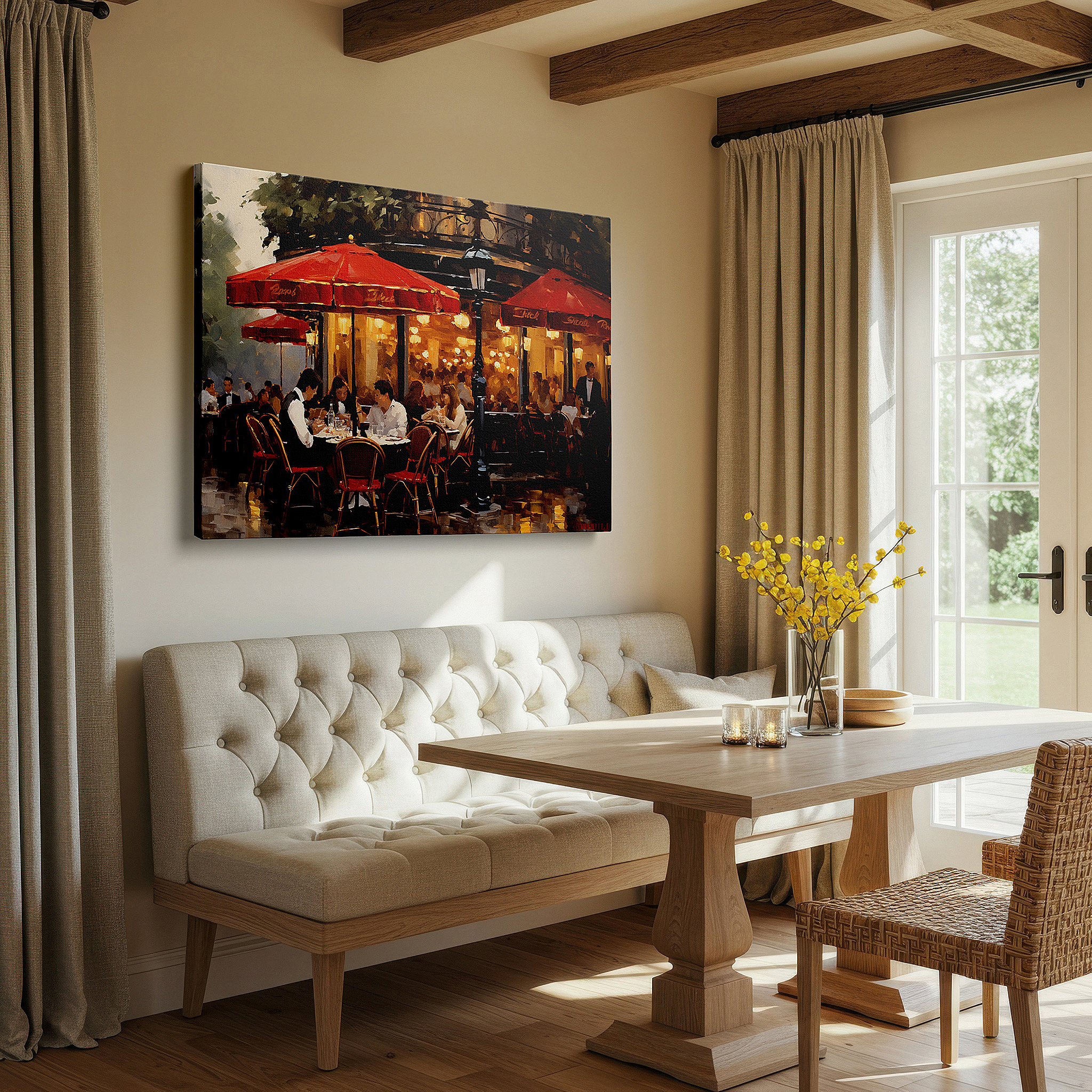Displayed above a contemporary leather sofa in warm light — urban café beneath crimson umbrellas: a lively night of dining amidst city illuminations - oversized wall art, canvas art, decorative wall art, office and bedroom decor
