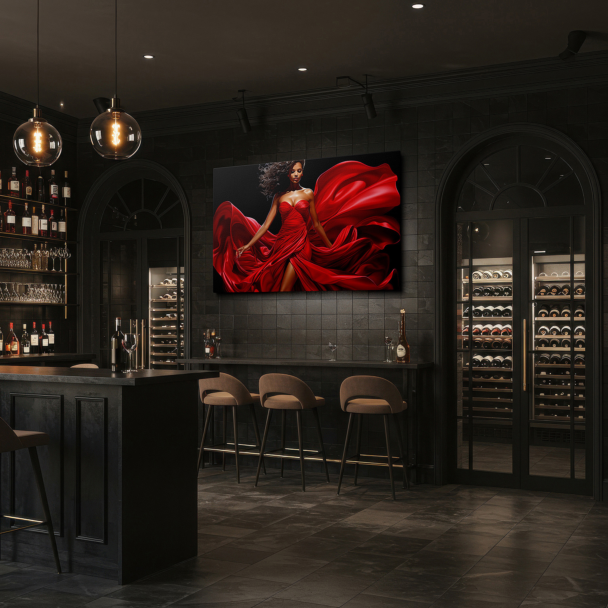 Displayed above a contemporary leather sofa in warm light — vibrant lady in red: emblem of passion and strength - oversized wall art for office, bedroom, and living room decor